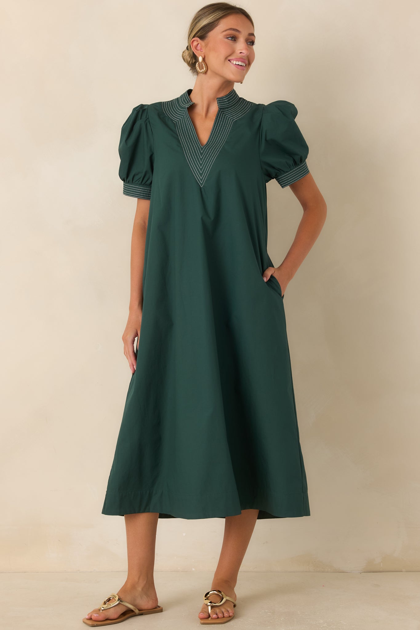 She Makes a Strong Point Hunter Green Contrast Stitch Cotton Midi Dress