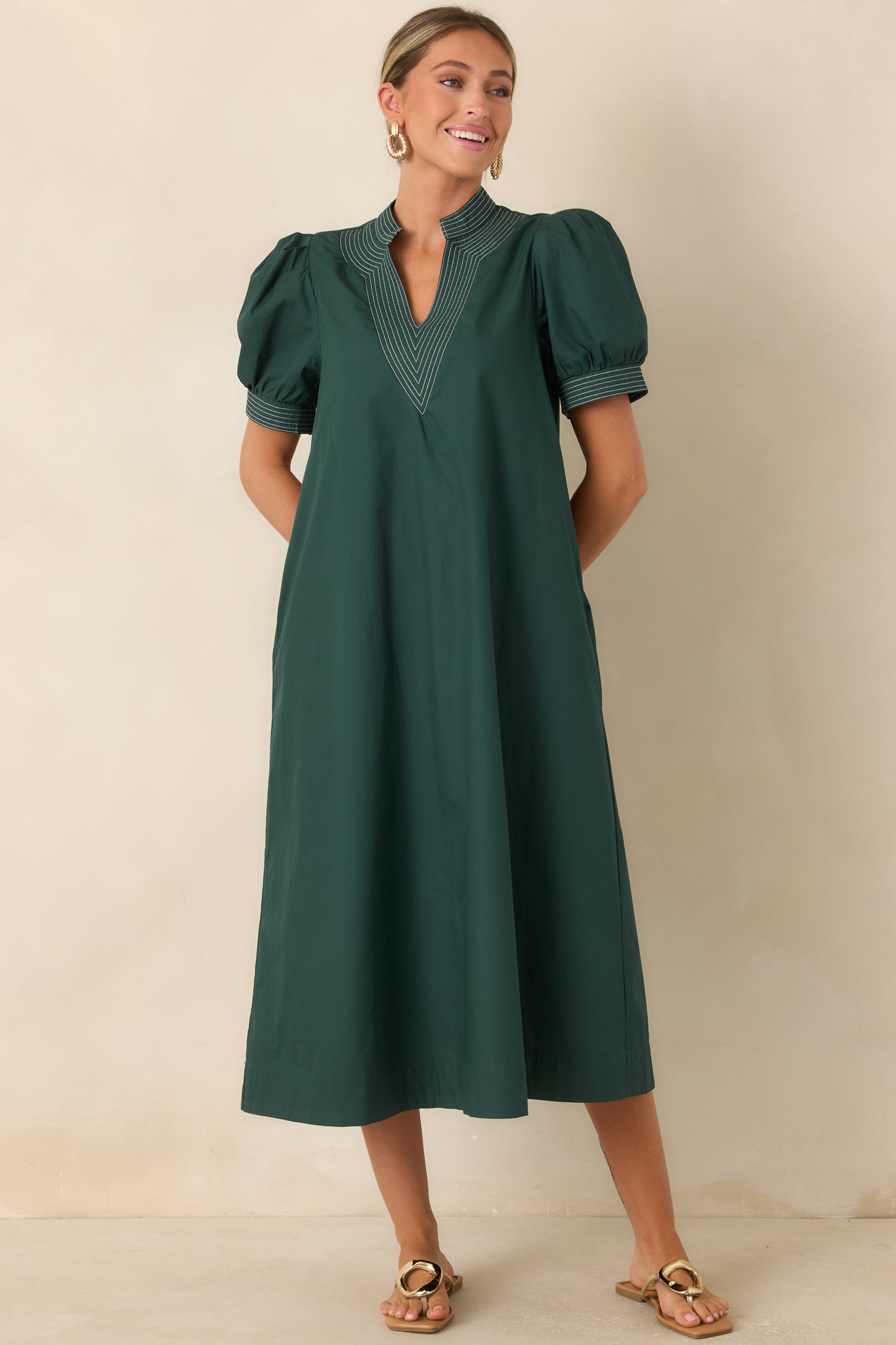 She Makes a Strong Point Hunter Green Contrast Stitch Cotton Midi Dress