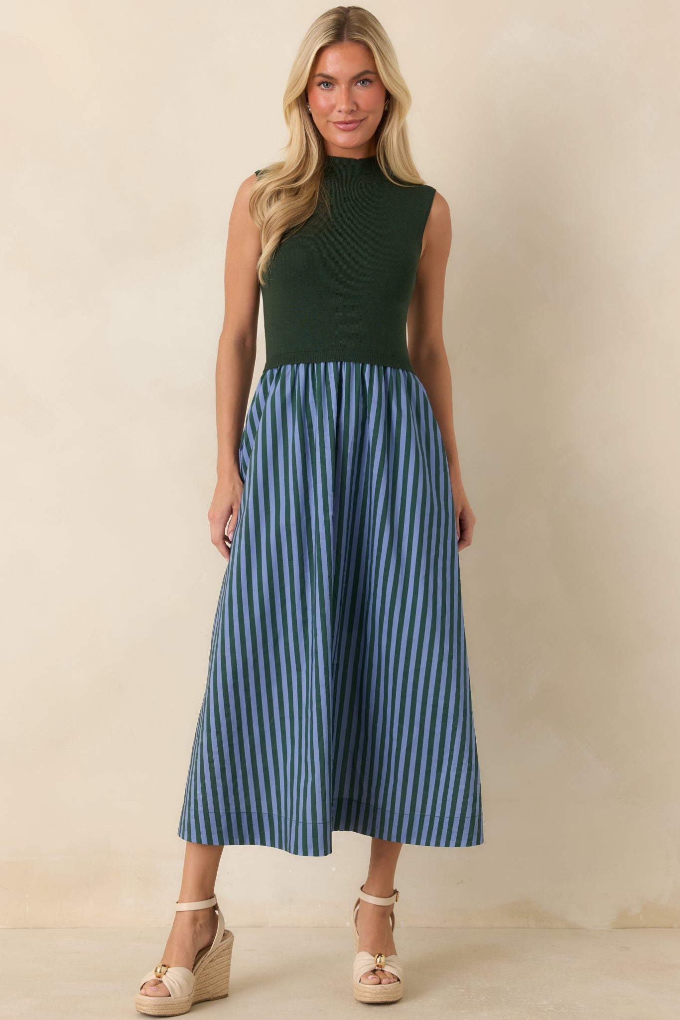 That's More Like It Hunter Green & Light Blue Stripe Sweater Midi Dress
