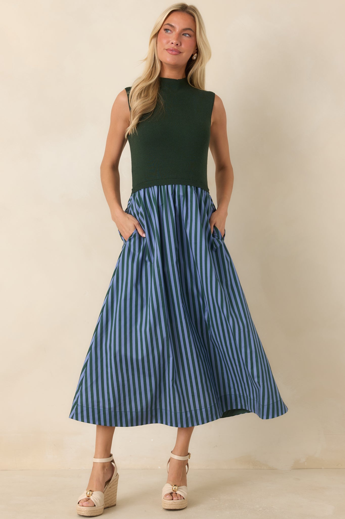That's More Like It Hunter Green & Light Blue Stripe Sweater Midi Dress