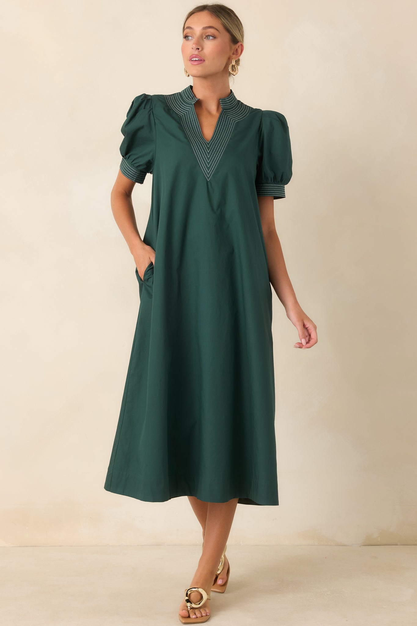 She Makes a Strong Point Hunter Green Contrast Stitch Cotton Midi Dress