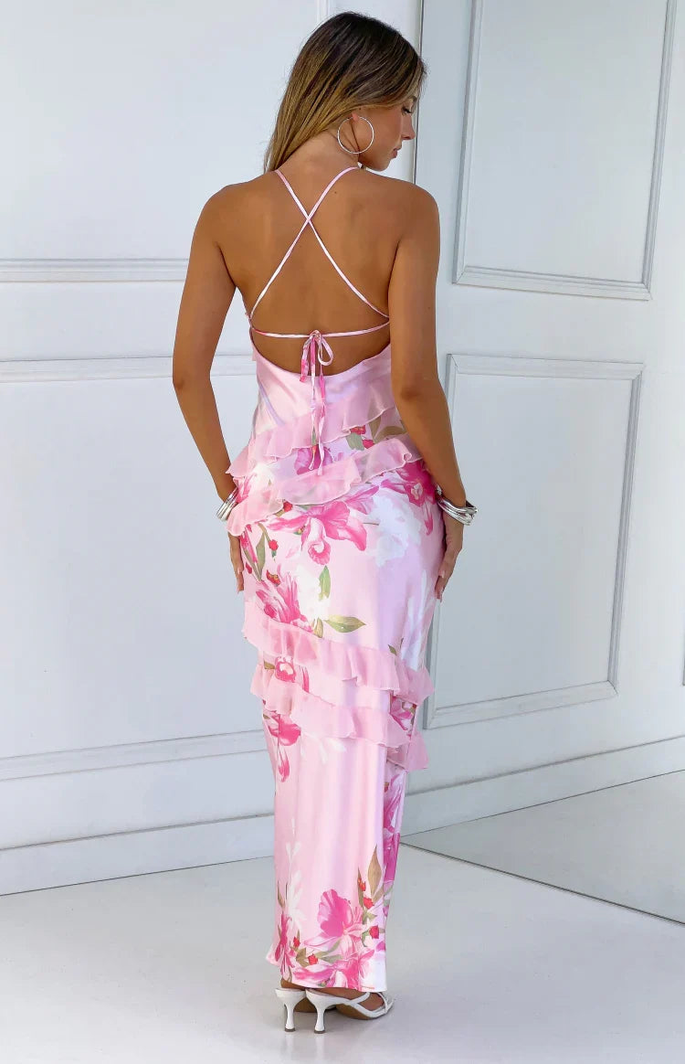 Inara Pink Floral Print Ruffle Maxi Dress