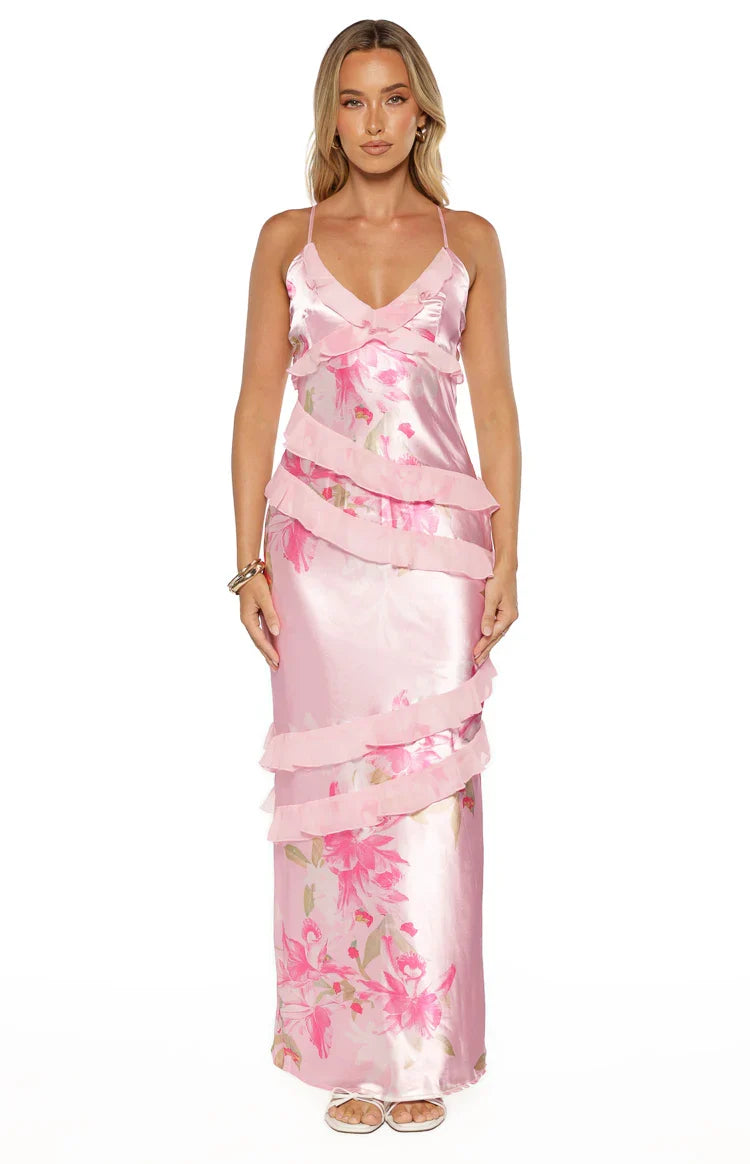 Inara Pink Floral Print Ruffle Maxi Dress