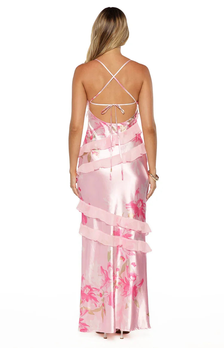 Inara Pink Floral Print Ruffle Maxi Dress