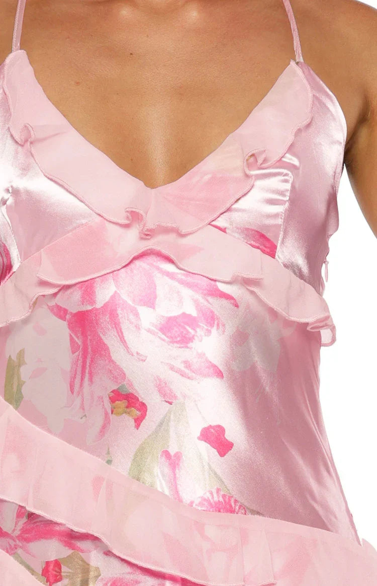 Inara Pink Floral Print Ruffle Maxi Dress