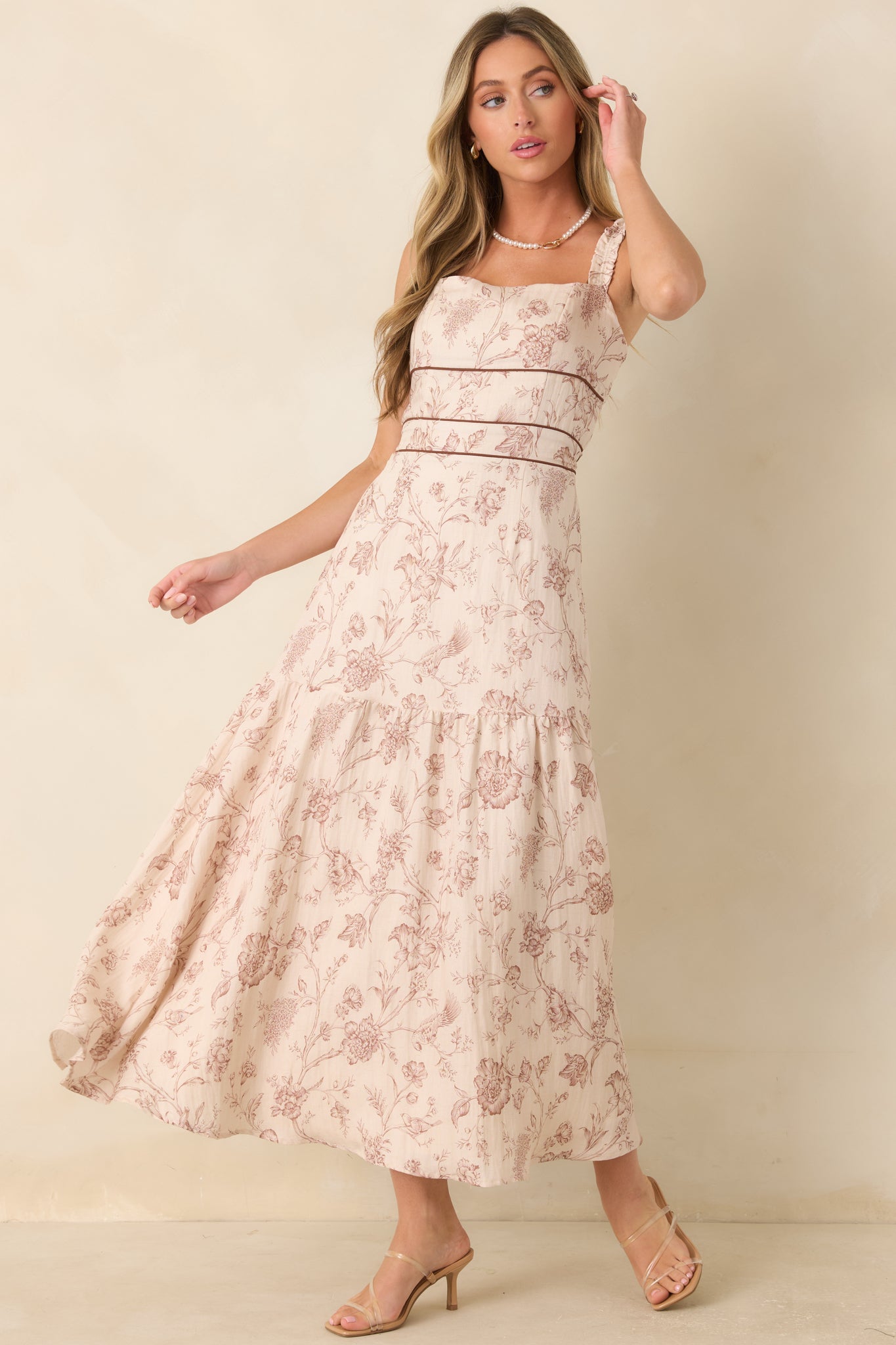 Poetry in Print Ivory & Brown Floral Ruffle Strap Maxi Dress