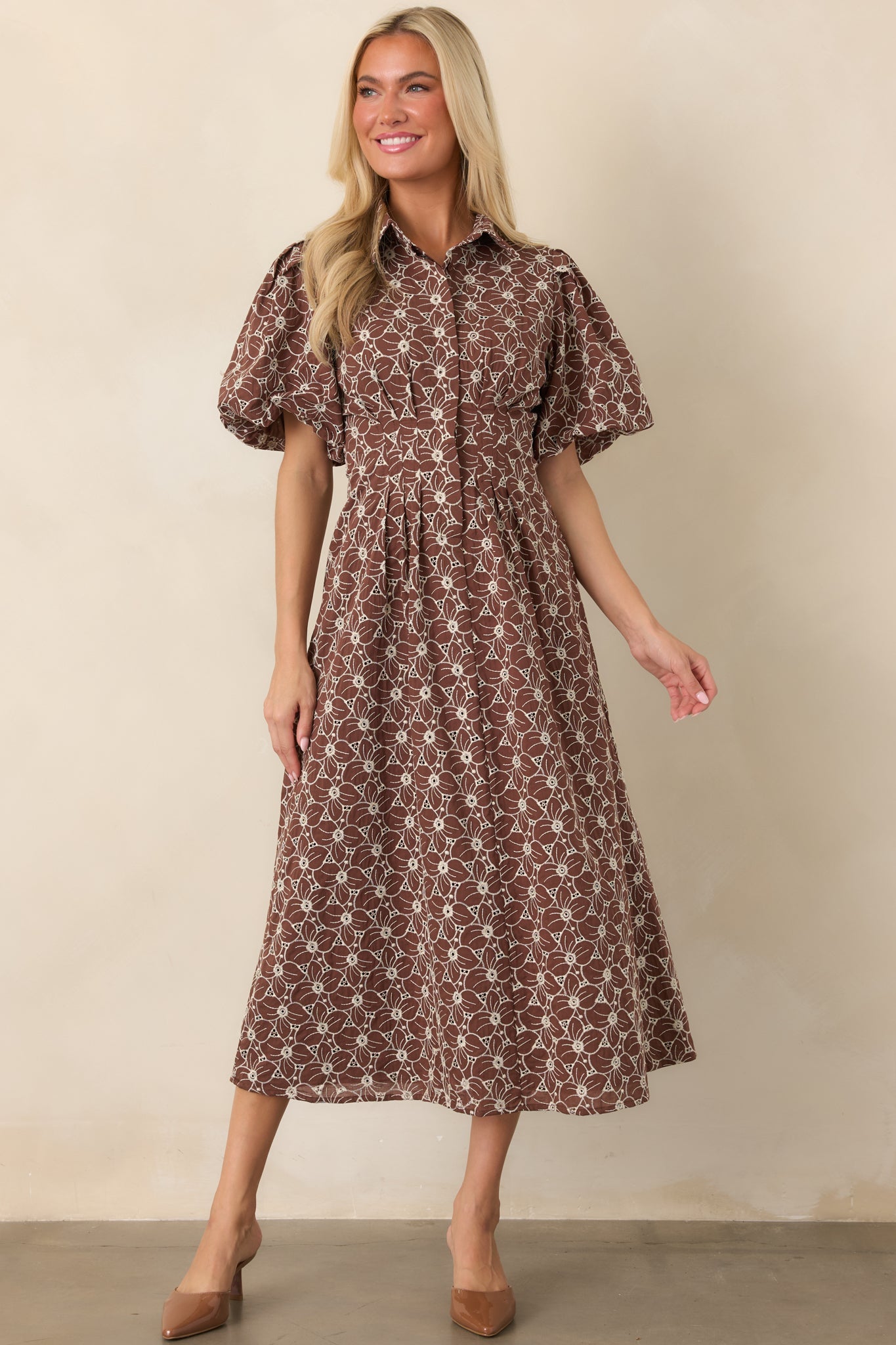 Consider It Done Brown & Ivory Floral Eyelet Cotton Midi Dress