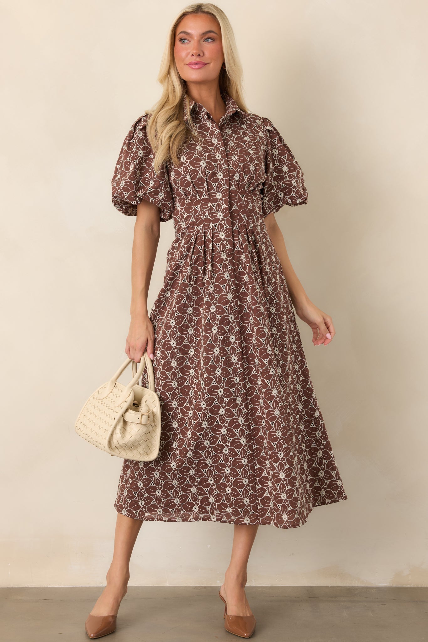 Consider It Done Brown & Ivory Floral Eyelet Cotton Midi Dress