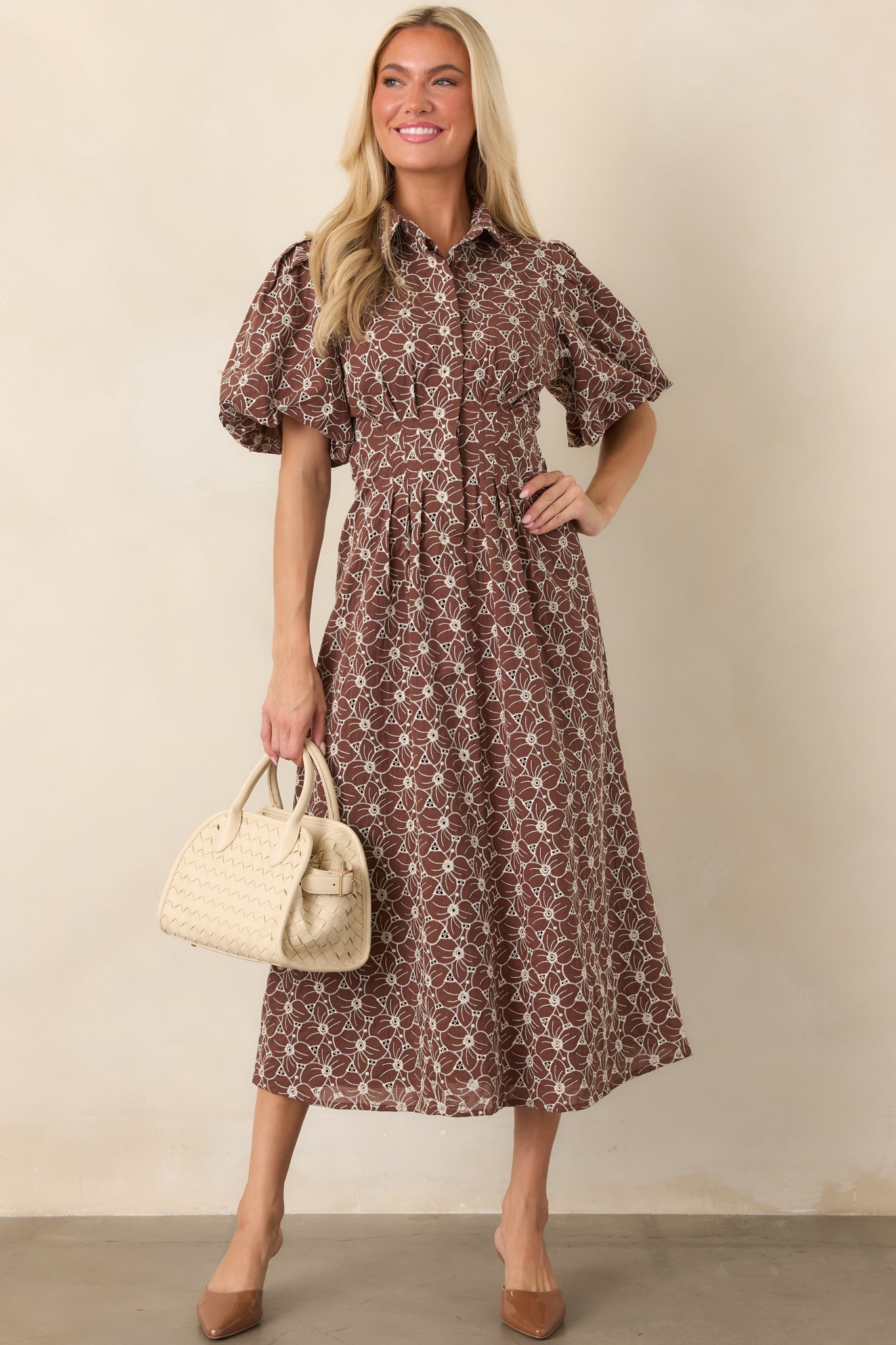 Consider It Done Brown & Ivory Floral Eyelet Cotton Midi Dress