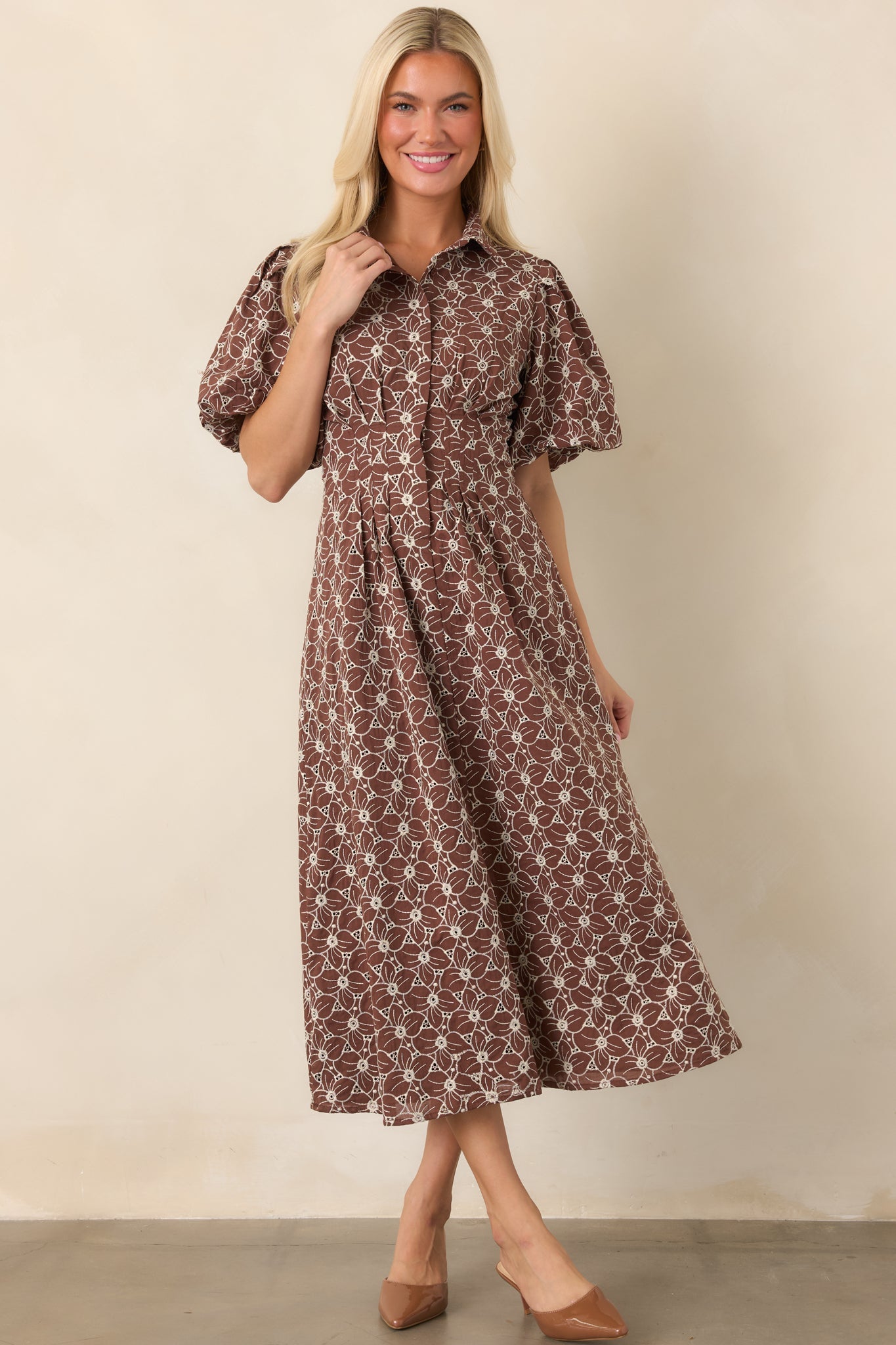 Consider It Done Brown & Ivory Floral Eyelet Cotton Midi Dress