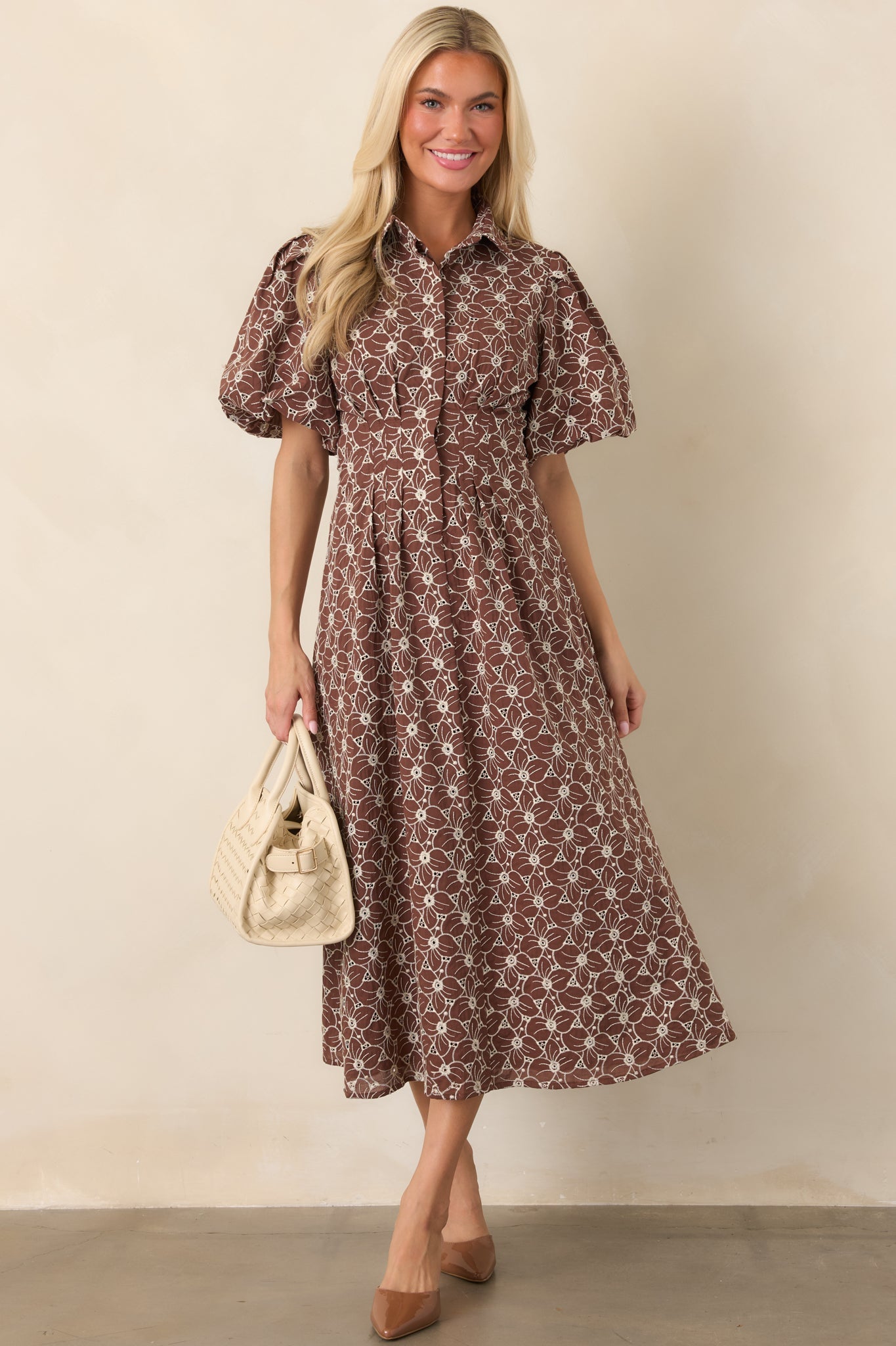Consider It Done Brown & Ivory Floral Eyelet Cotton Midi Dress