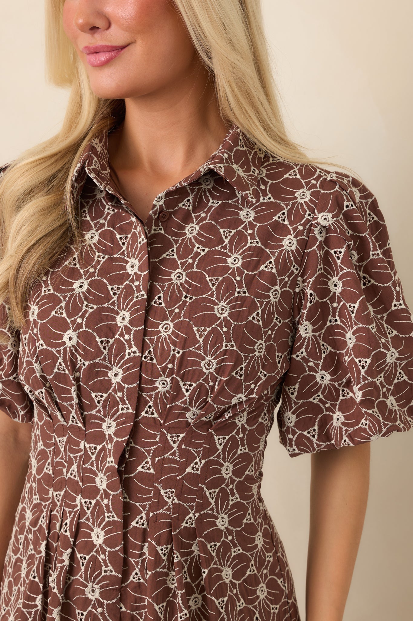Consider It Done Brown & Ivory Floral Eyelet Cotton Midi Dress