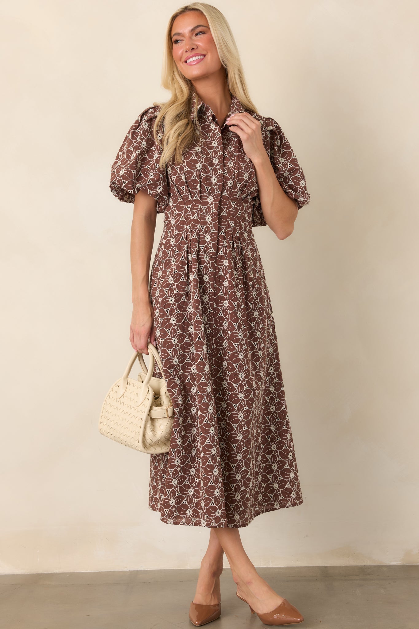 Consider It Done Brown & Ivory Floral Eyelet Cotton Midi Dress
