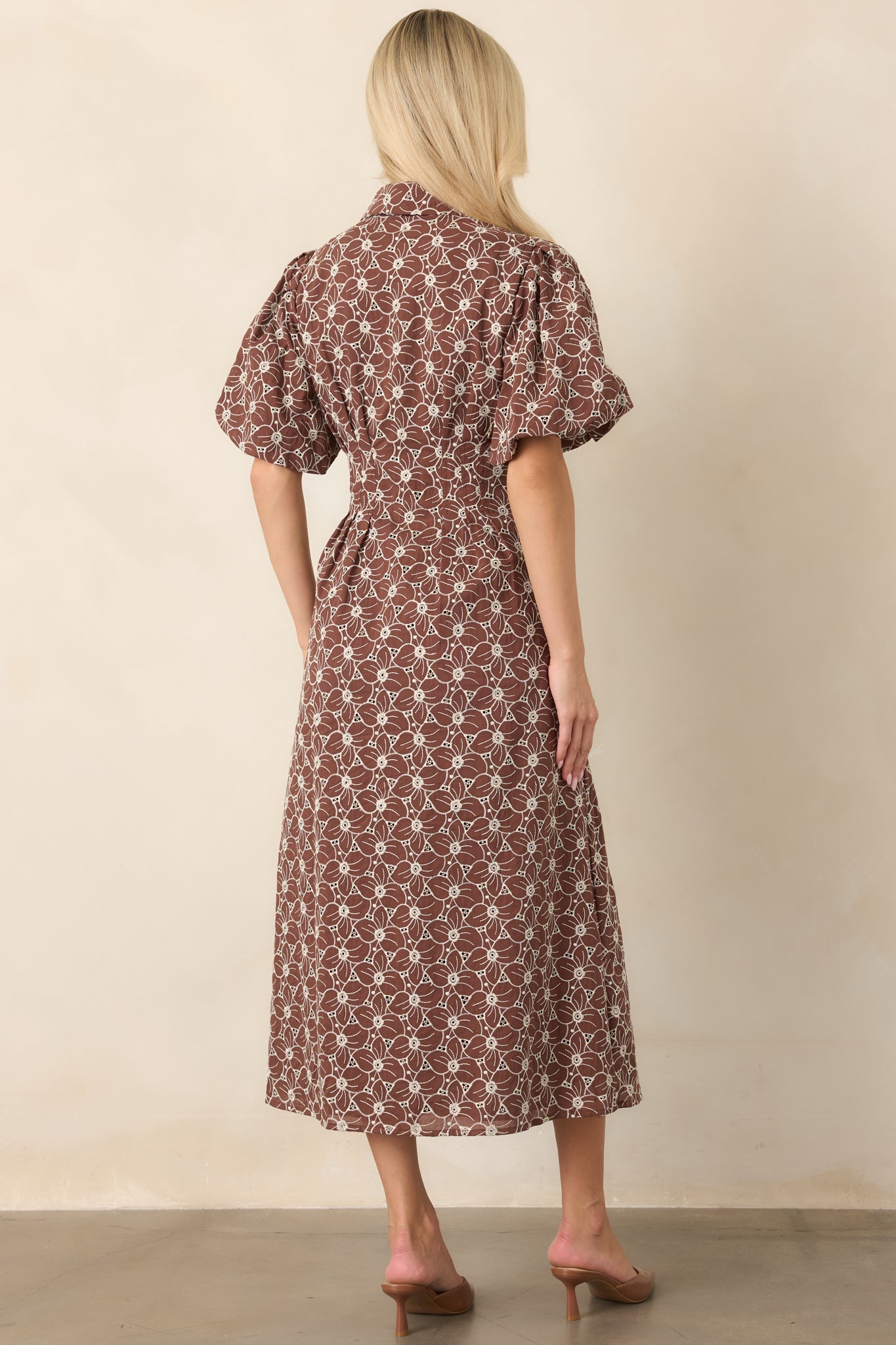 Consider It Done Brown & Ivory Floral Eyelet Cotton Midi Dress