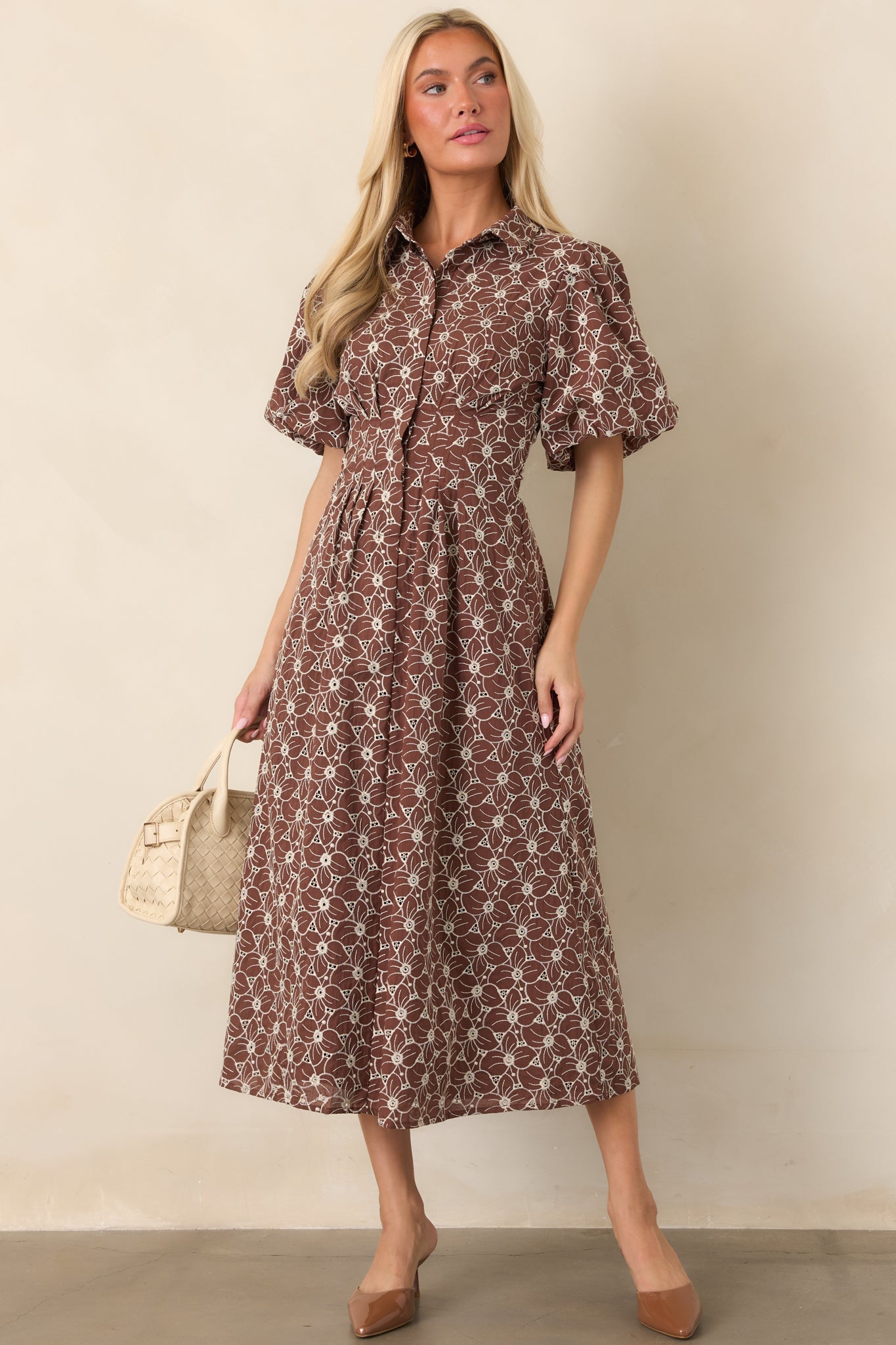 Consider It Done Brown & Ivory Floral Eyelet Cotton Midi Dress