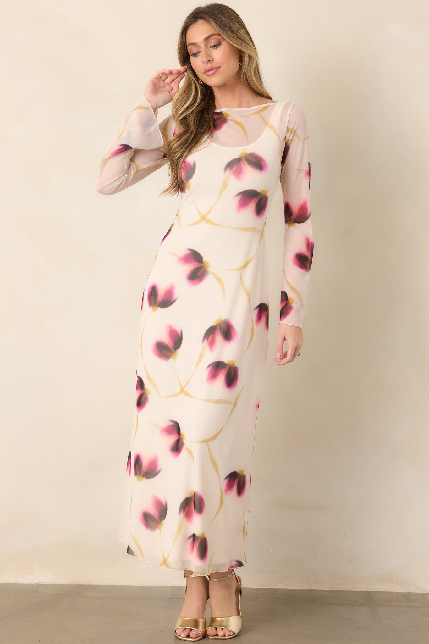 MINKPINK Emery Ivory Floral Mesh Midi Dress