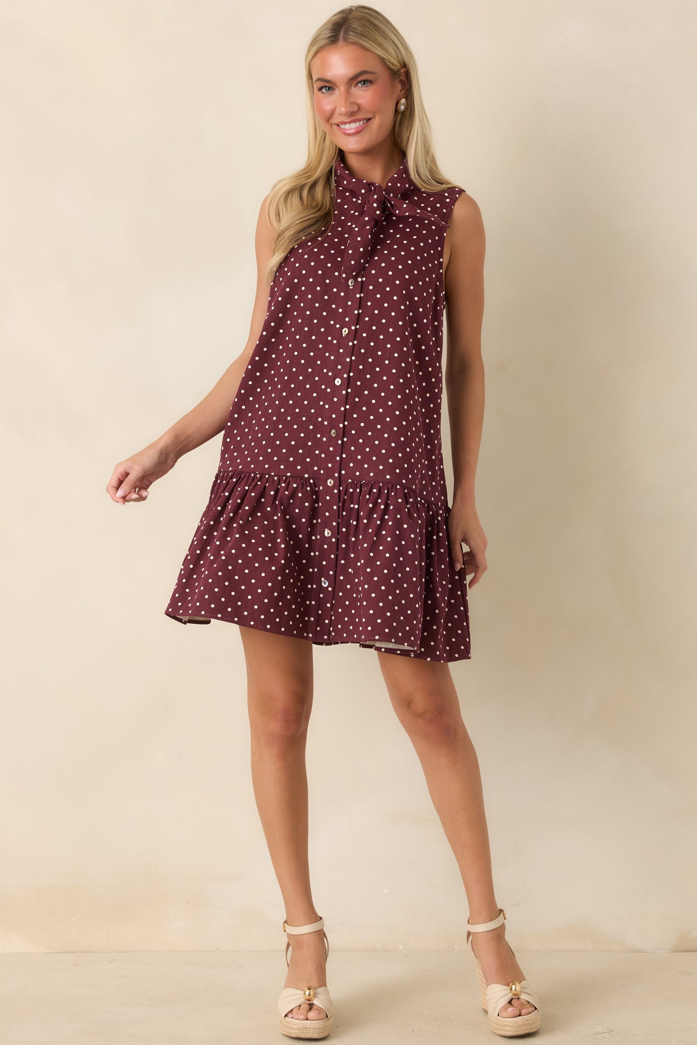 Hard to Overlook Burgundy Polka Dot Cotton Tie-Neck Mini Dress