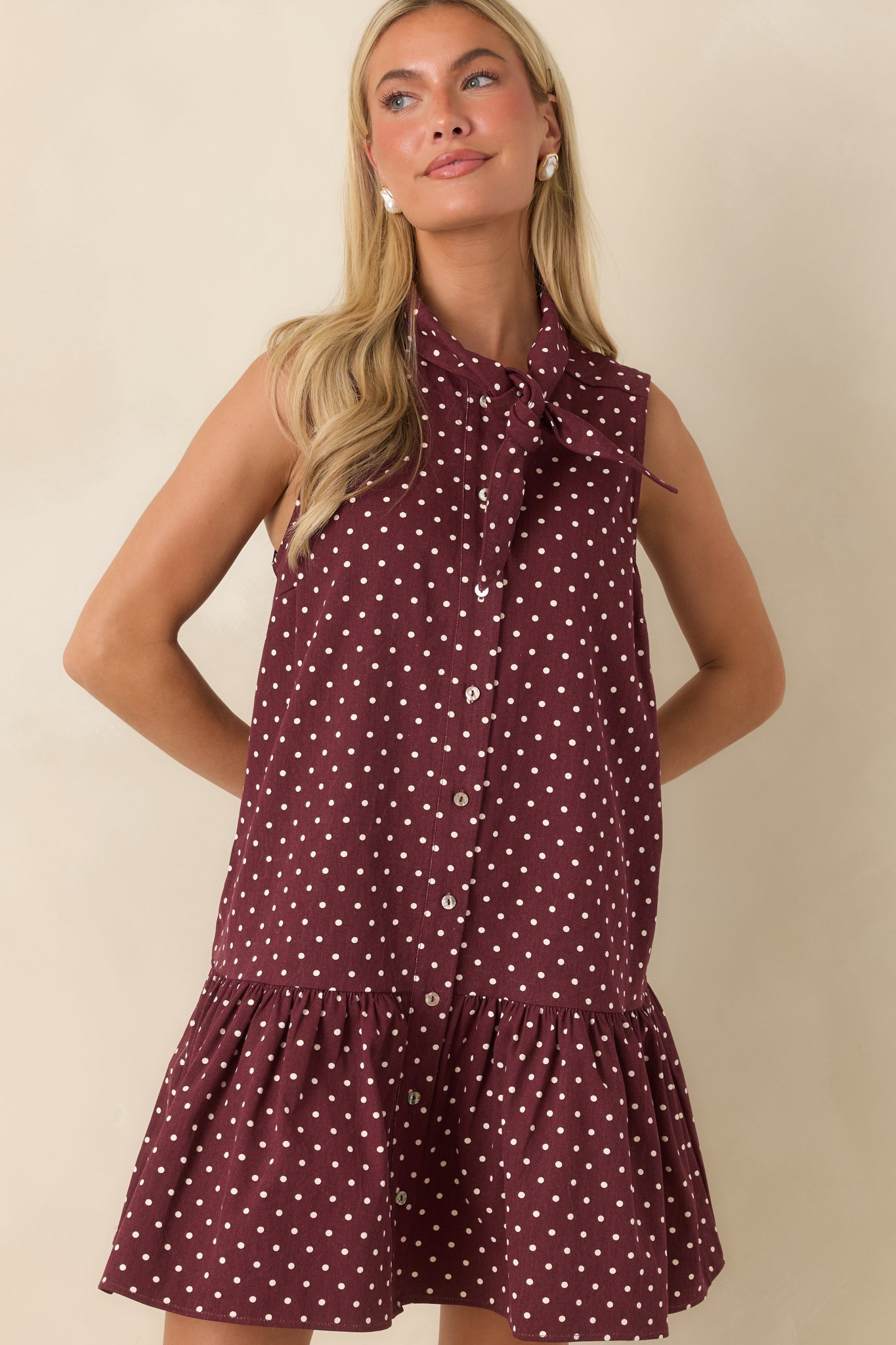 Hard to Overlook Burgundy Polka Dot Cotton Tie-Neck Mini Dress