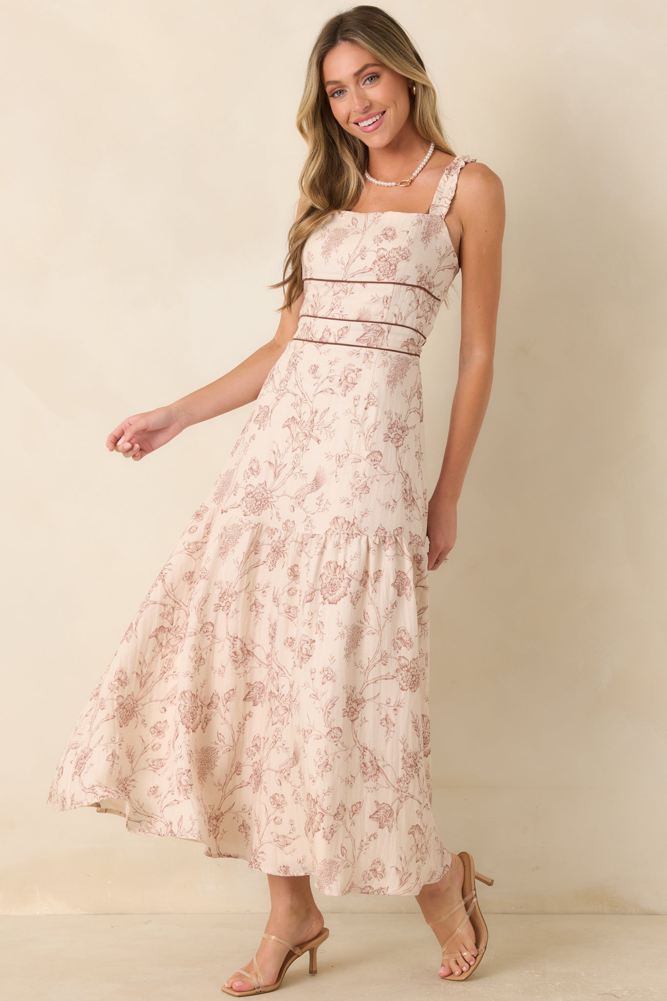 Poetry in Print Ivory & Brown Floral Ruffle Strap Maxi Dress