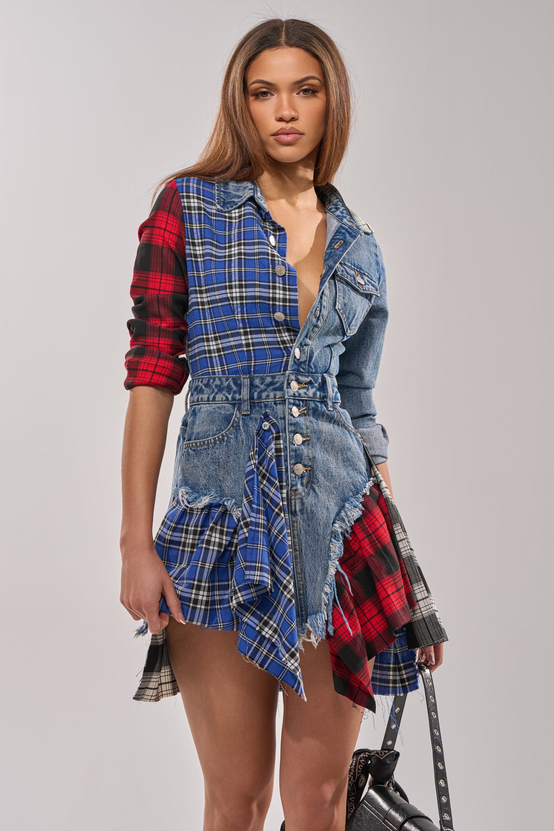PATCHWORK PLAID DENIM MINI DRESS