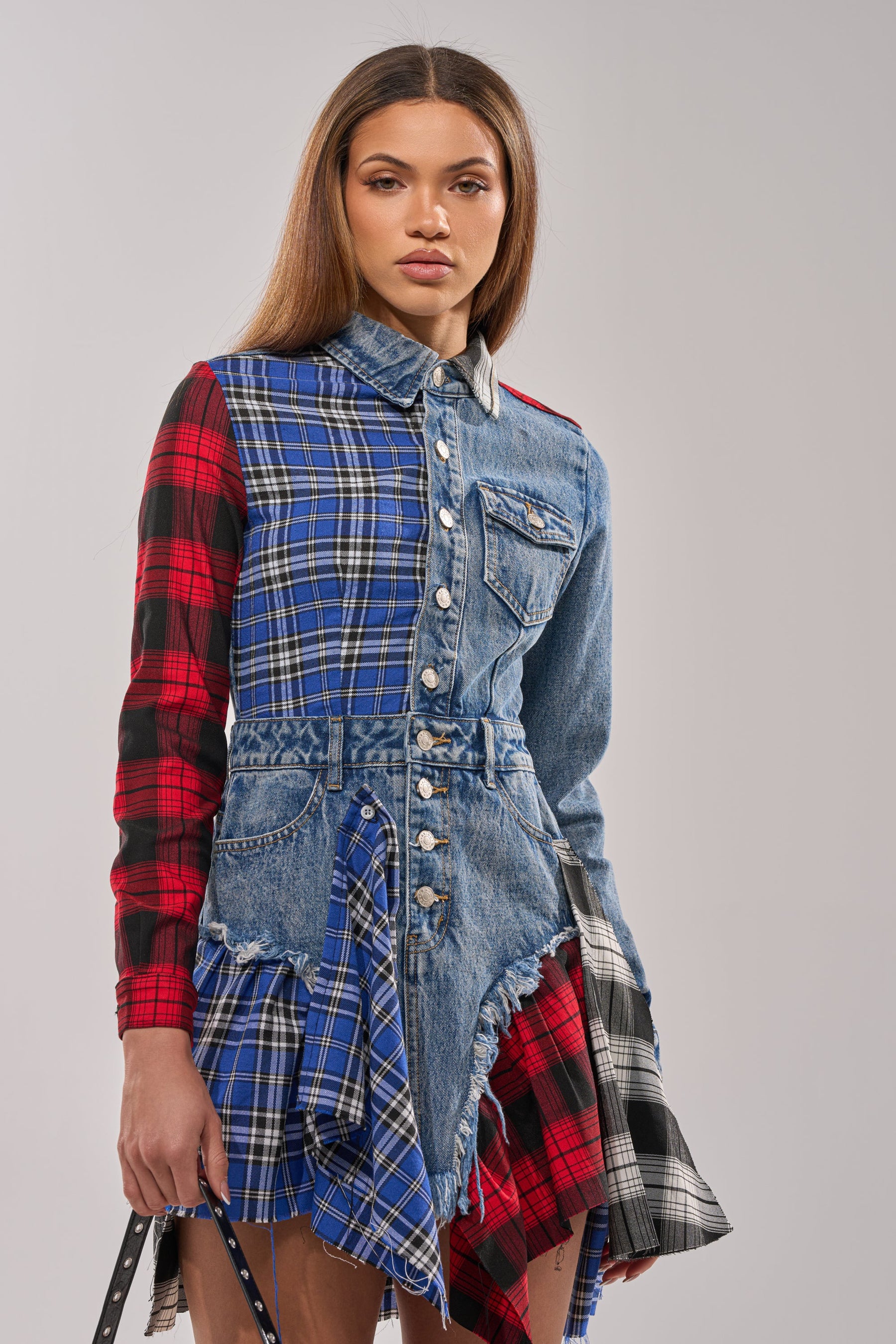 PATCHWORK PLAID DENIM MINI DRESS
