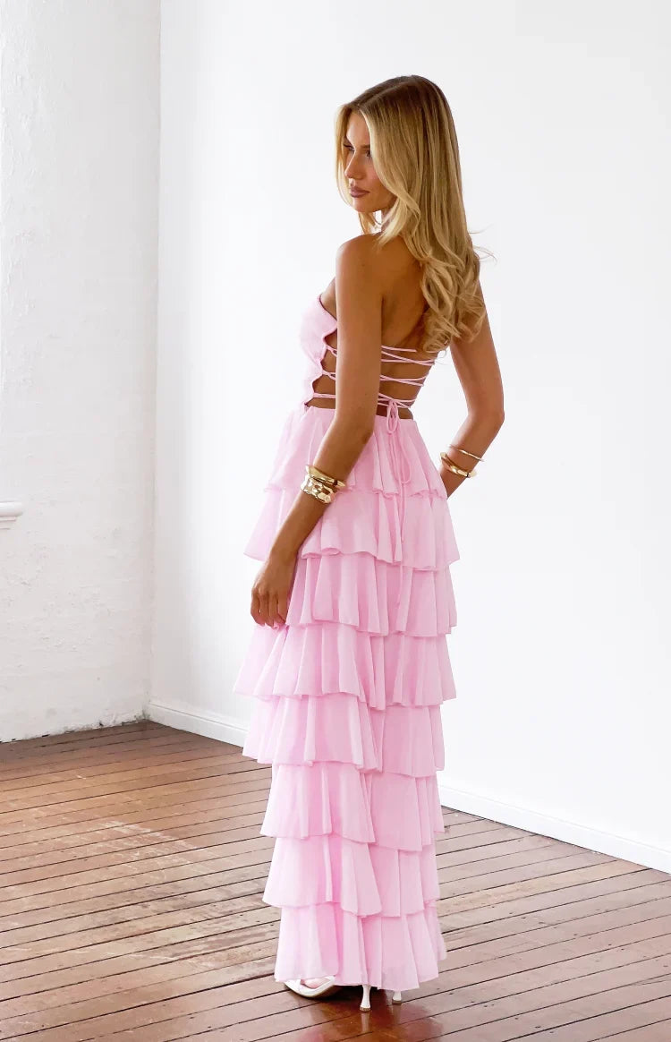 Kim Pink Strapless Ruffle Maxi Dress