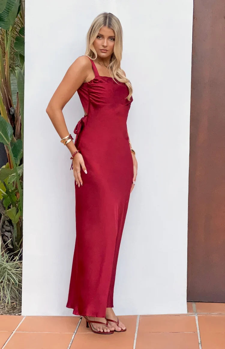 Laria Wine Satin Formal Maxi Dress