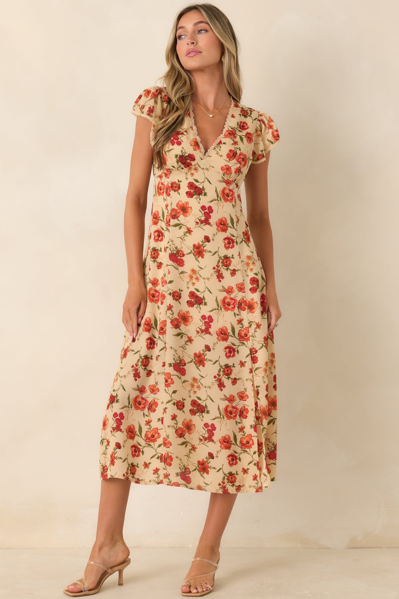 Tender Moments Light Beige Floral Lace-Trim Midi Dress