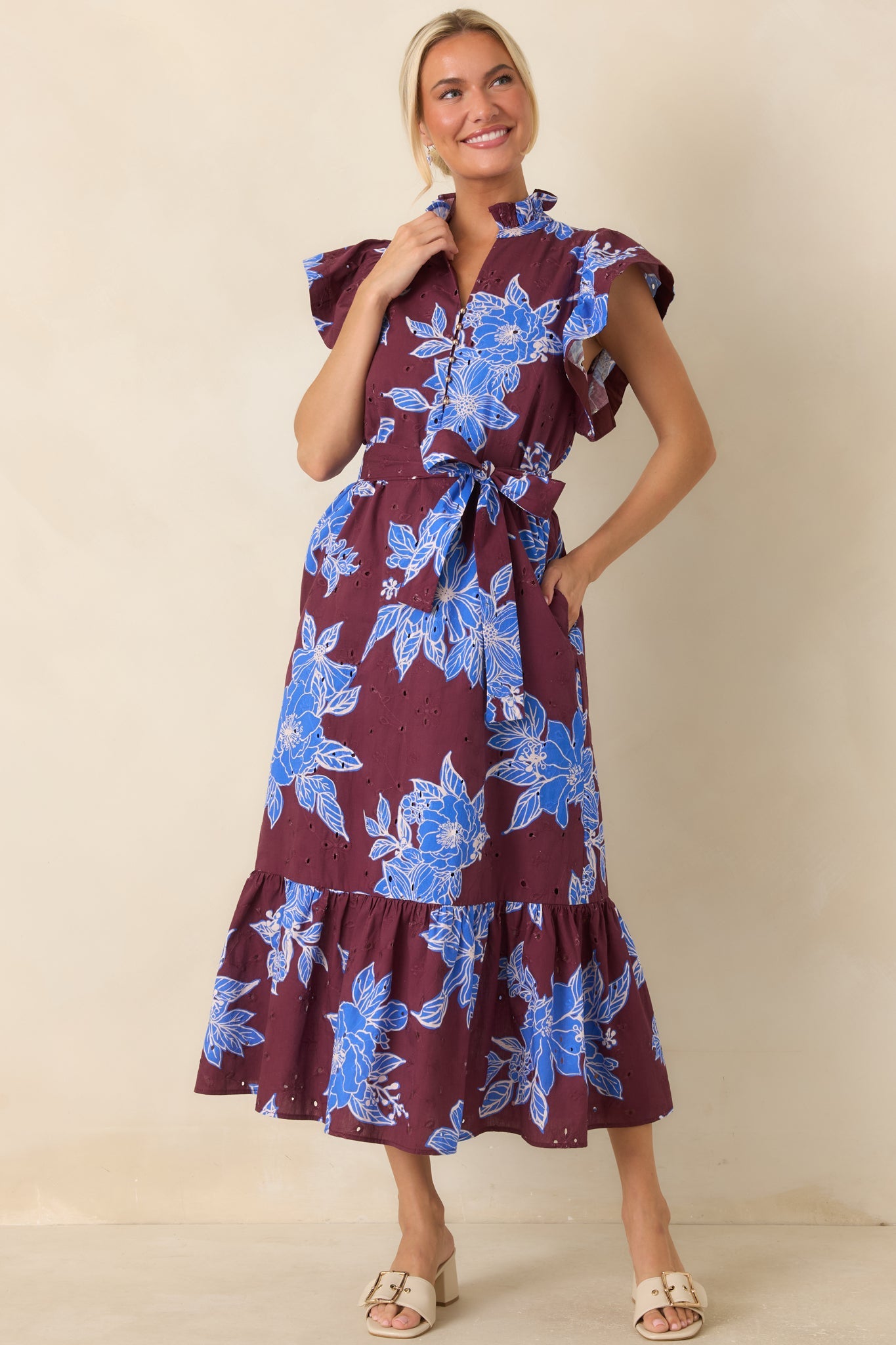 Fresh Air Affair Wine & Cobalt Floral Cotton Eyelet Midi Dress
