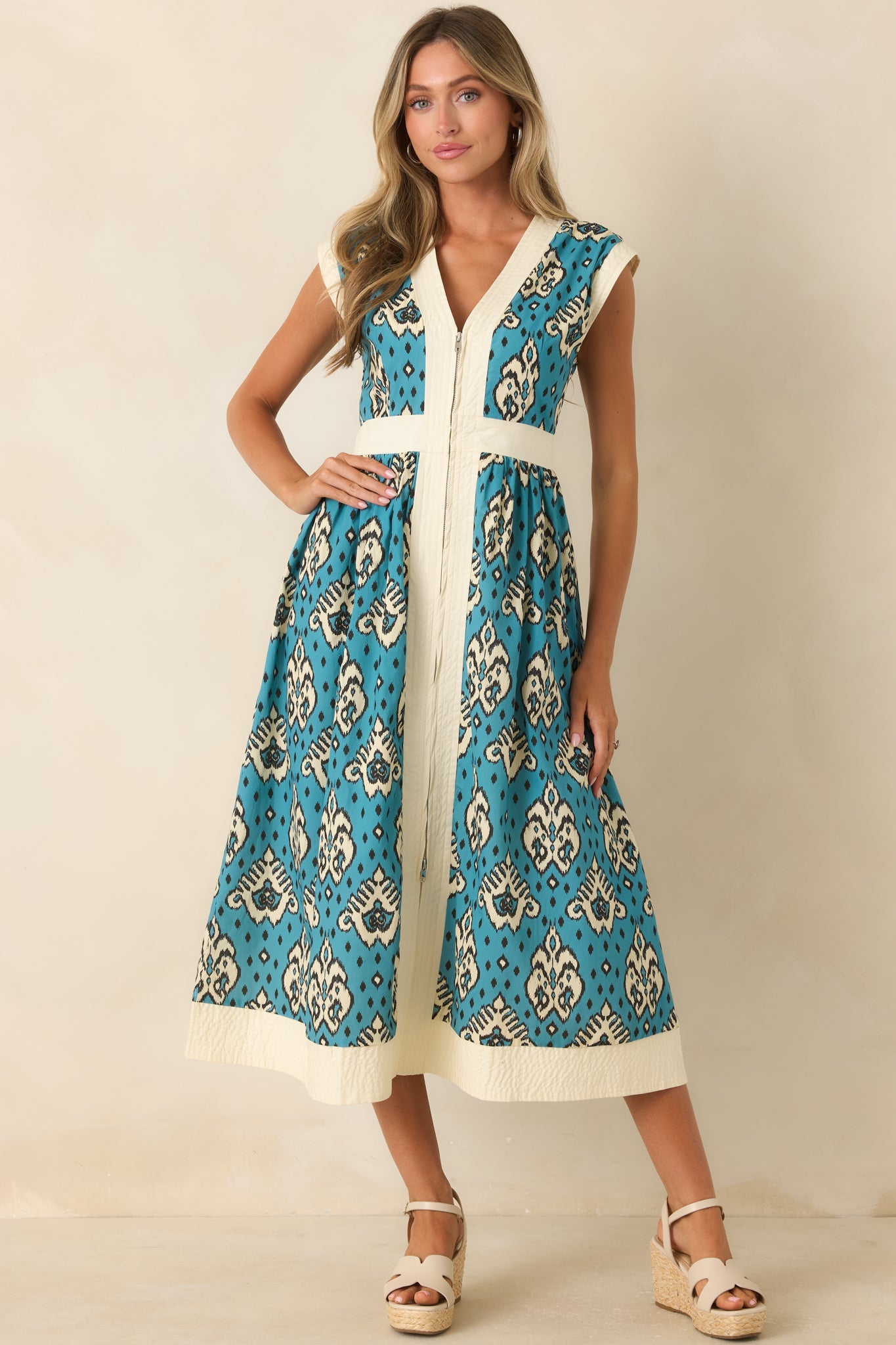 In the Studio Teal & Ivory Ikat Print Cotton Midi Dress