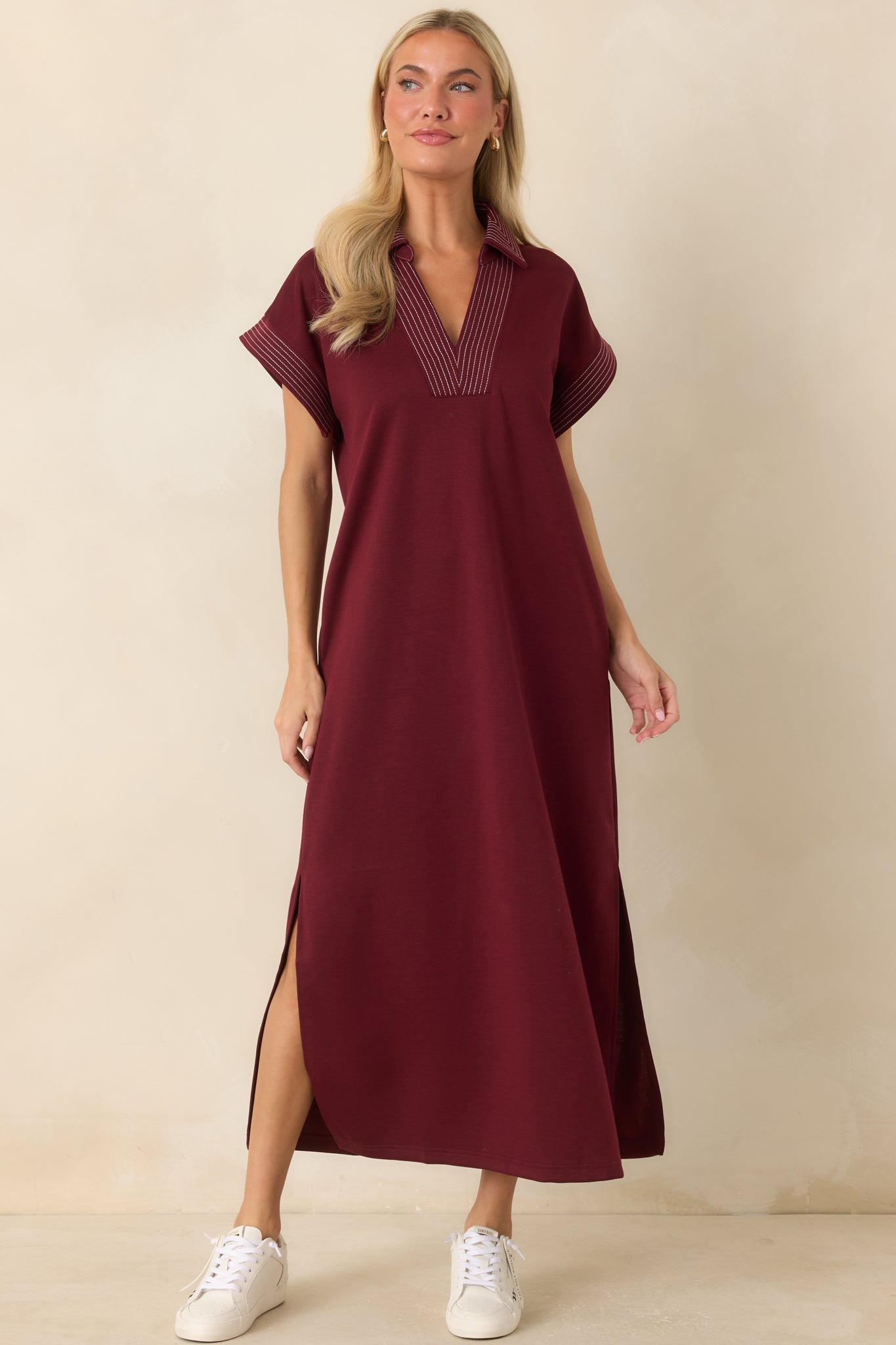 One Less Thing Wine V-Neck Contrast Pinstripe Maxi Dress