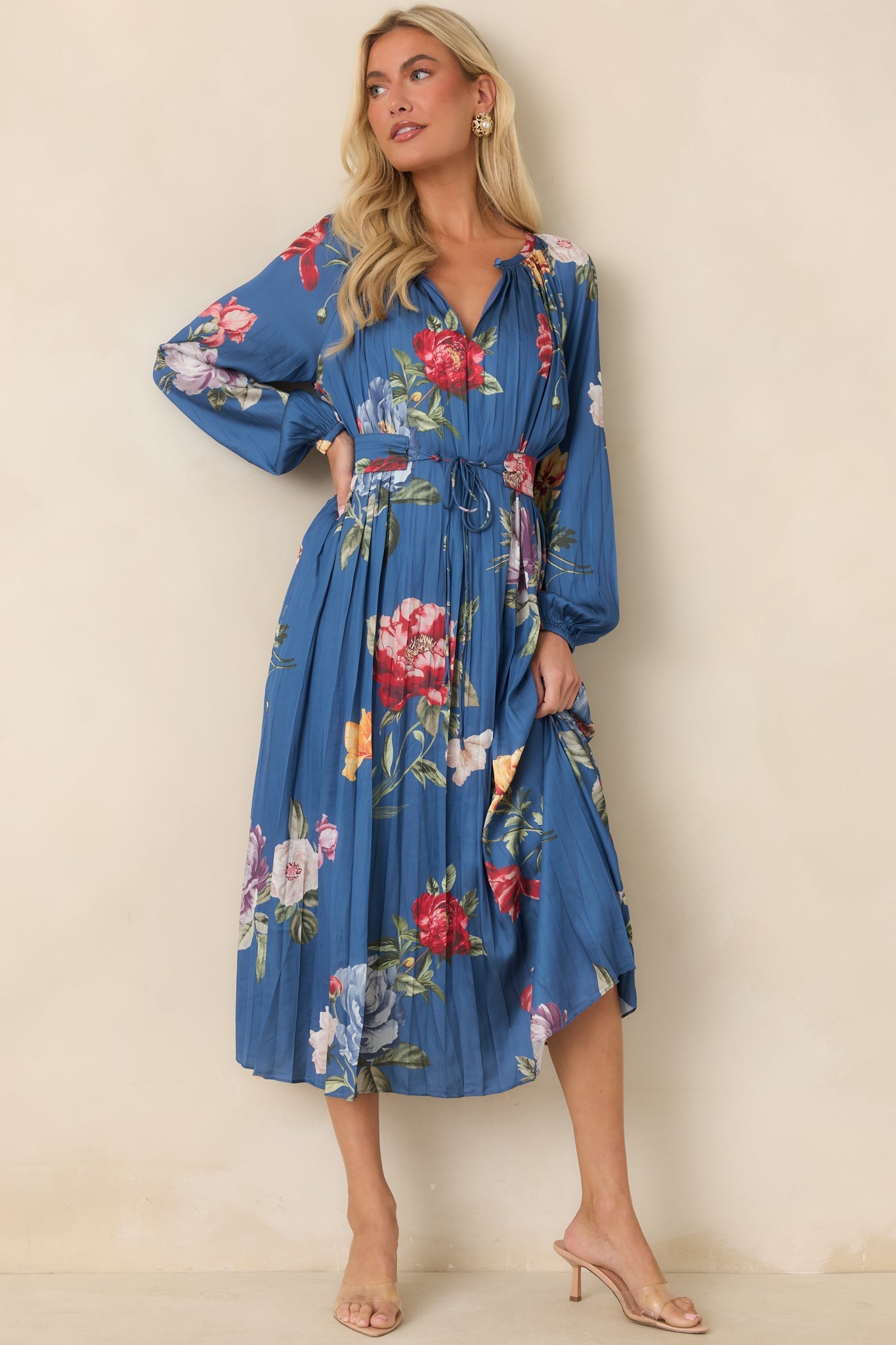 Take My Breath Away Blue Multi Floral Pleated Midi Dress