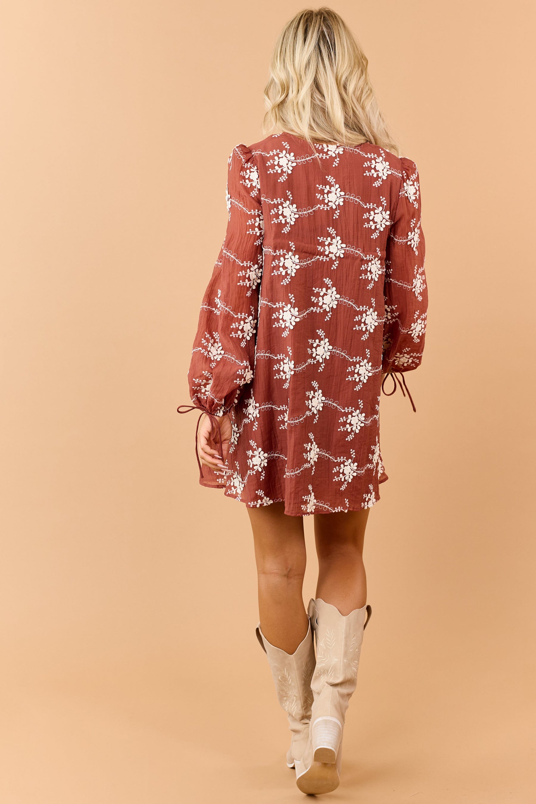 Marsala Floral Applique Embroidered Flowy Mini Dress