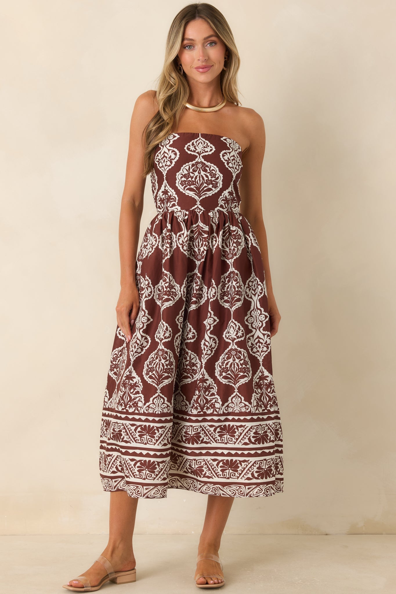 Painted Passage Chocolate & Ivory Cotton Strapless Midi Dress