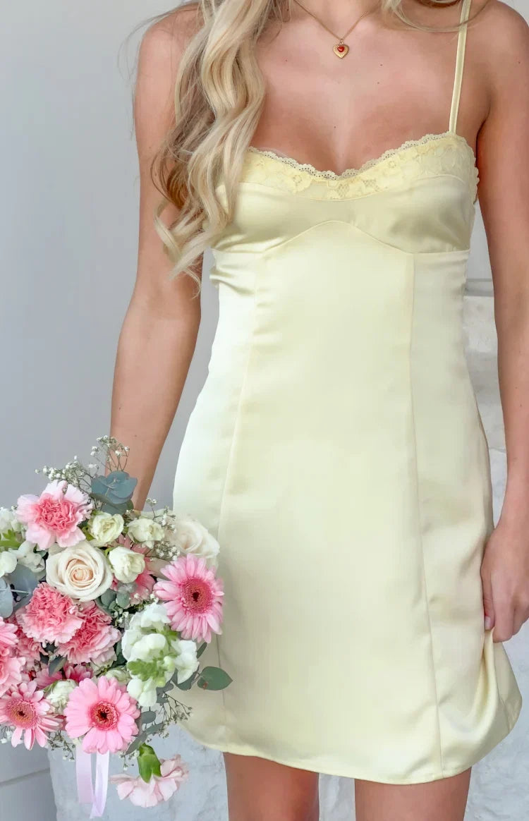Michy Yellow Lace Detail Mini Dress