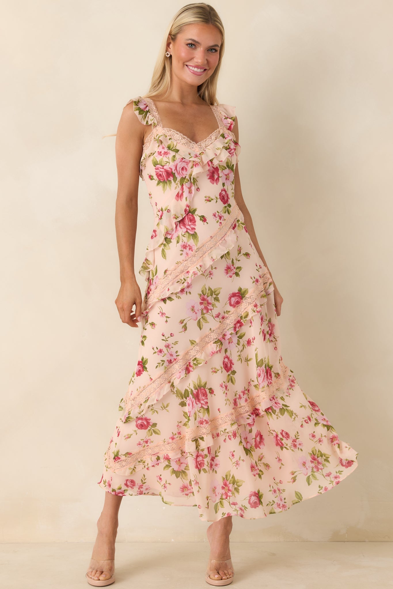 Yours Always Rose Pink Floral Lace & Ruffle Trim Midi Dress