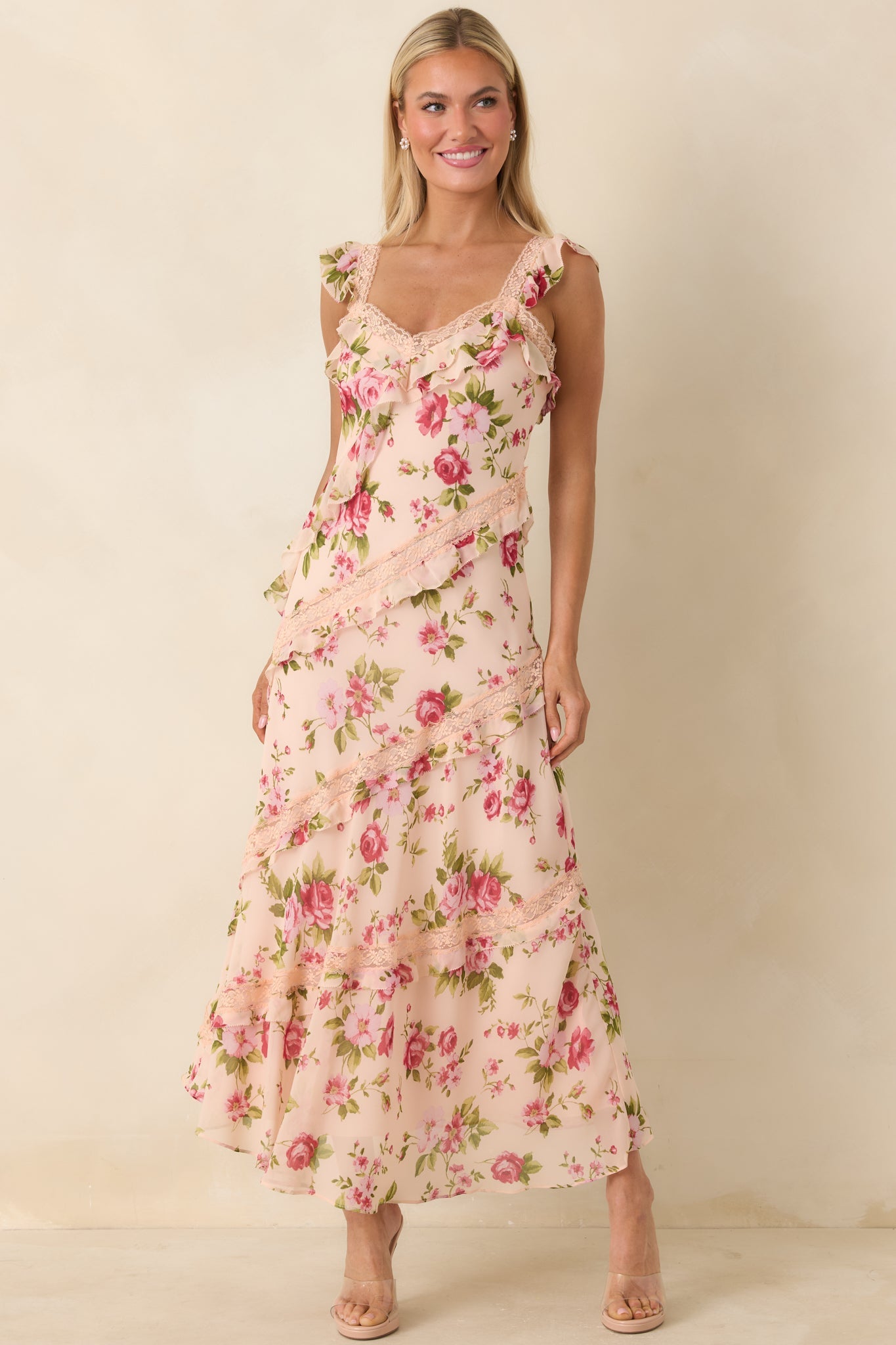 Yours Always Rose Pink Floral Lace & Ruffle Trim Midi Dress