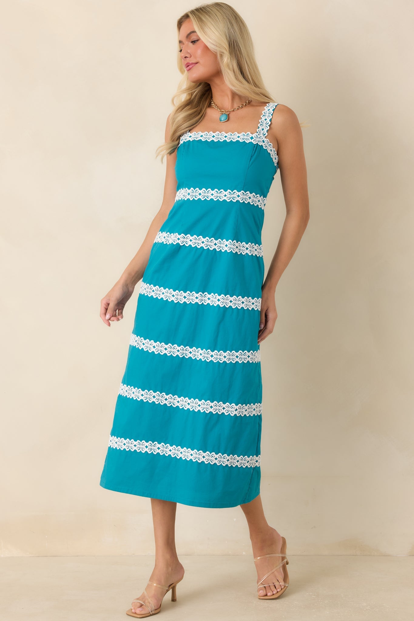 Couldn’t Stay Away Teal & Ivory Floral Lace Midi Dress