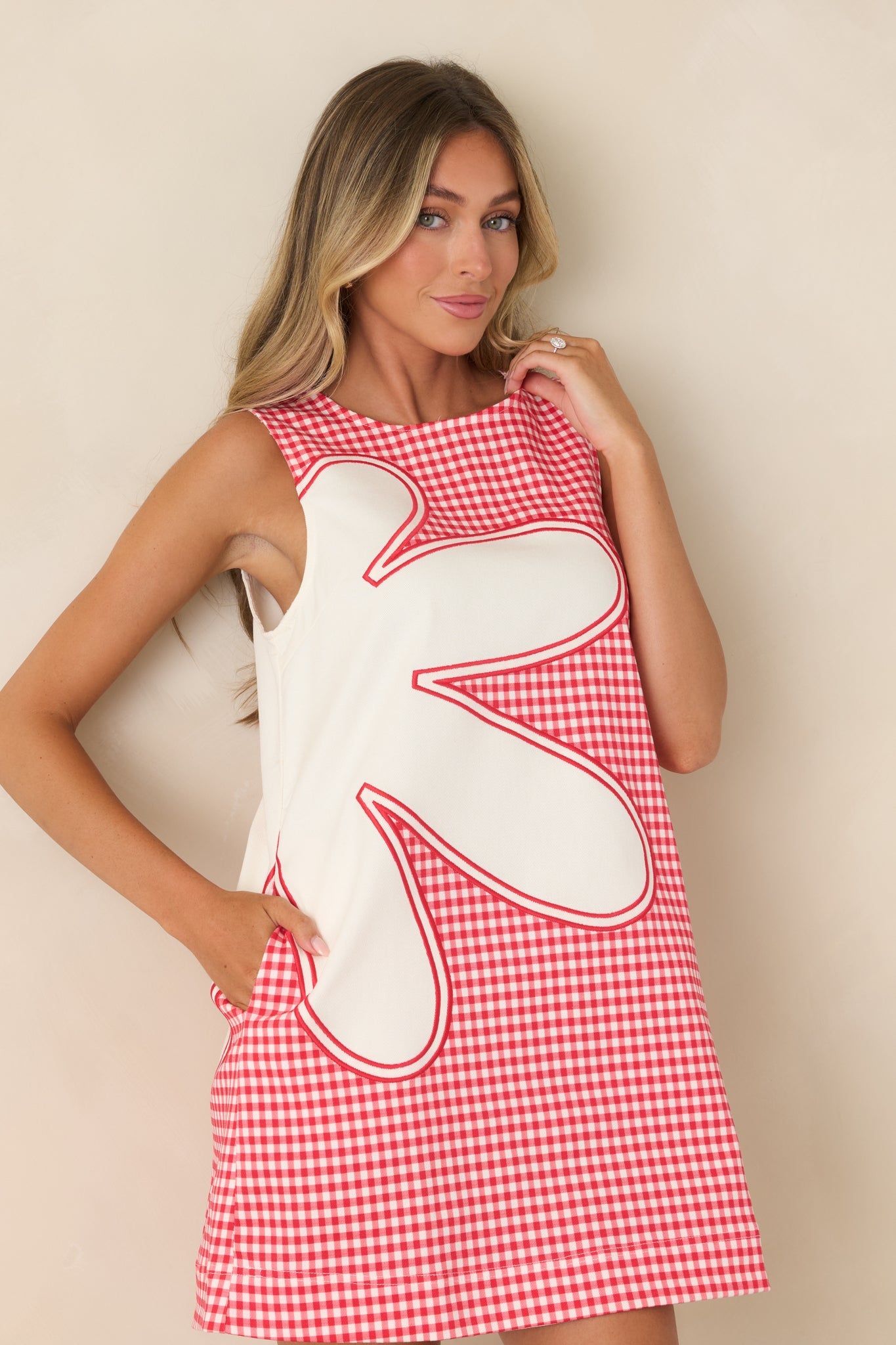 Instant Joy Red Gingham Cotton Appliqué Mini Shift Dress