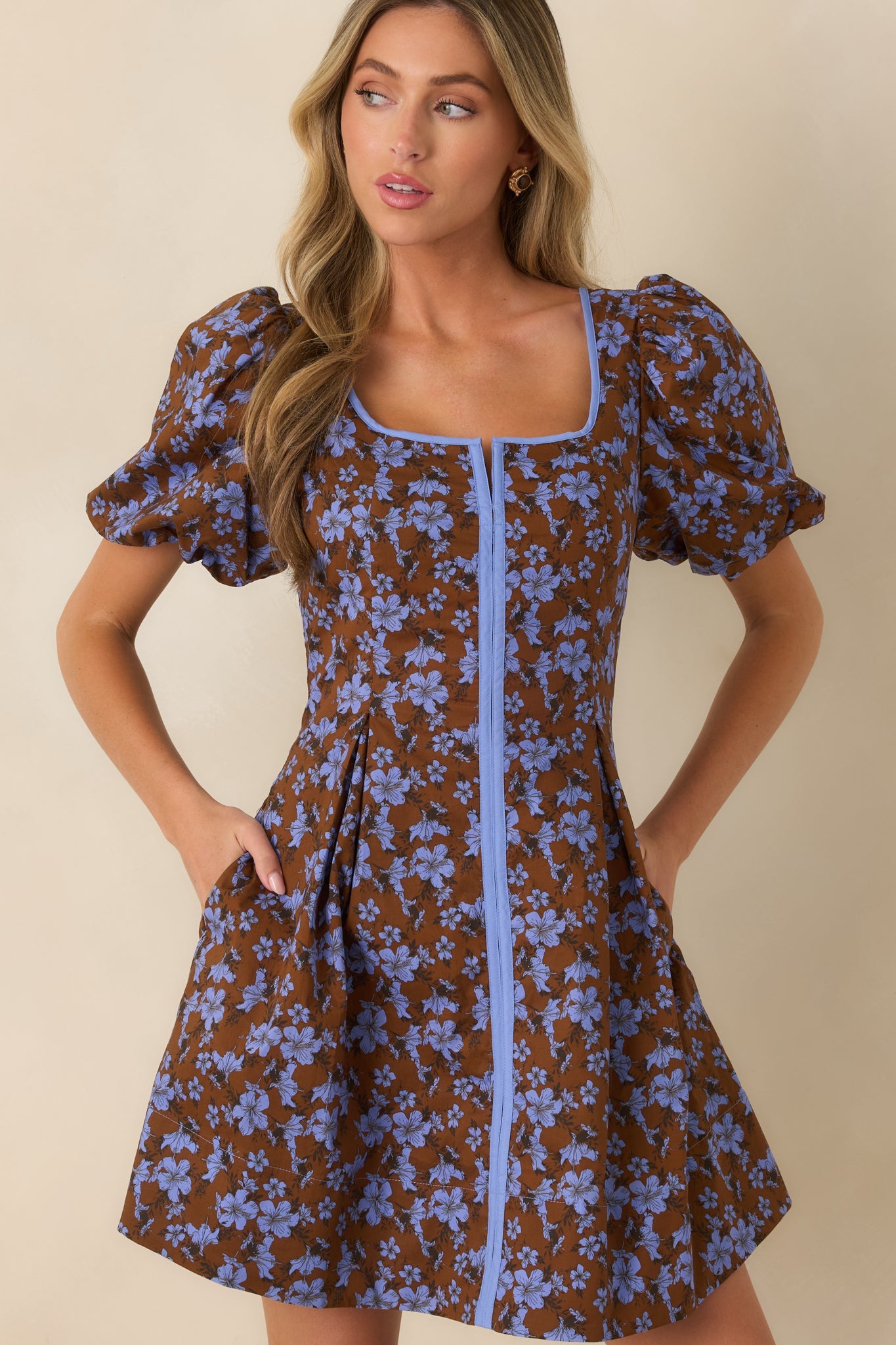 The Prettiest View Brown & Blue Floral Cotton Mini Dress