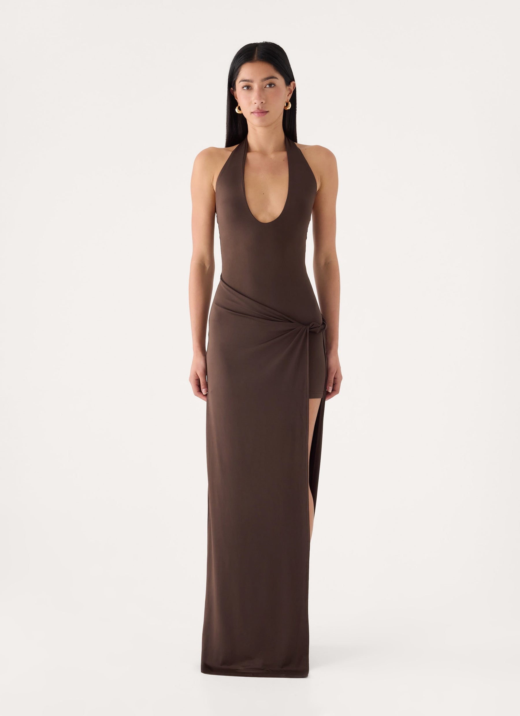Monna Halter Wrap Maxi Dress - Chocolate