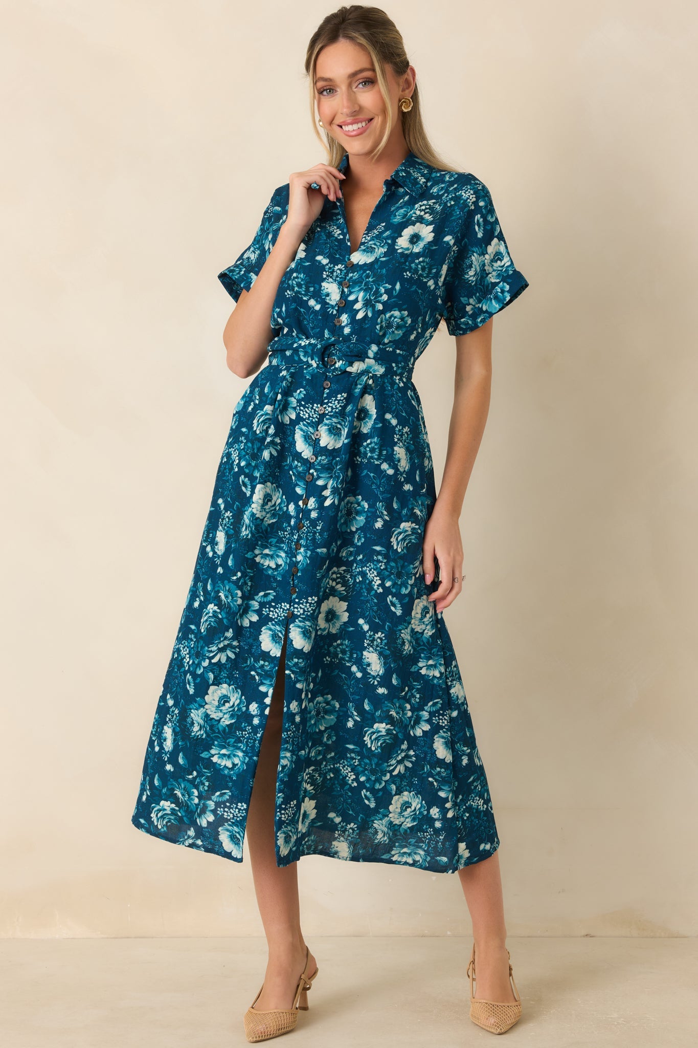 You’ll See Soon Dark Teal Multi Floral Print Belted Midi Shirt Dress