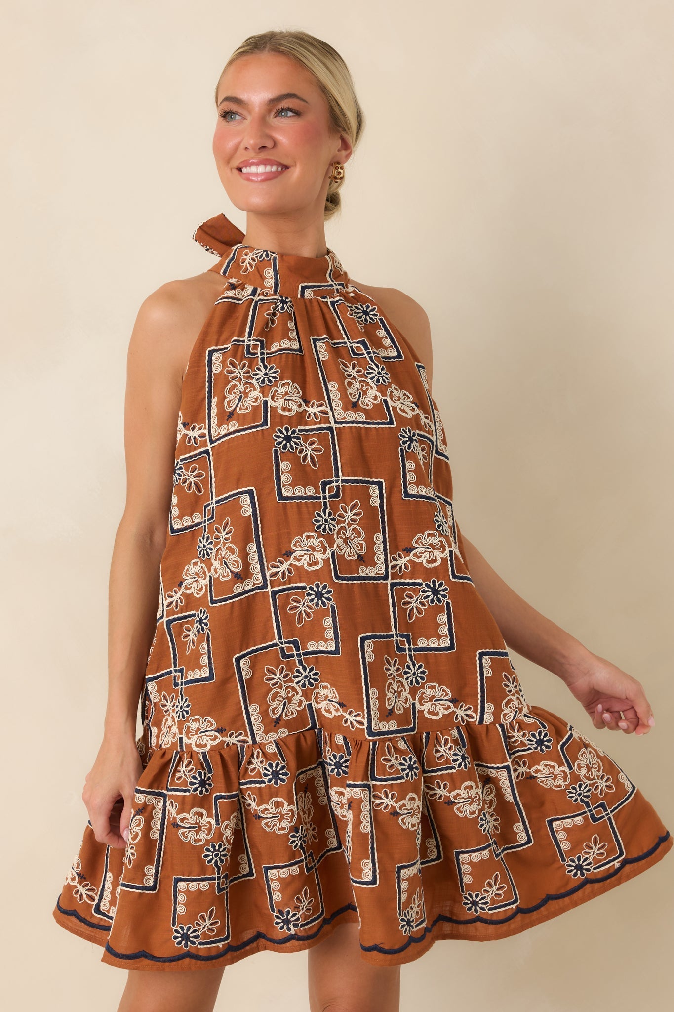 Blooming at Dusk Terracotta Embroidered Halter Mini Dress
