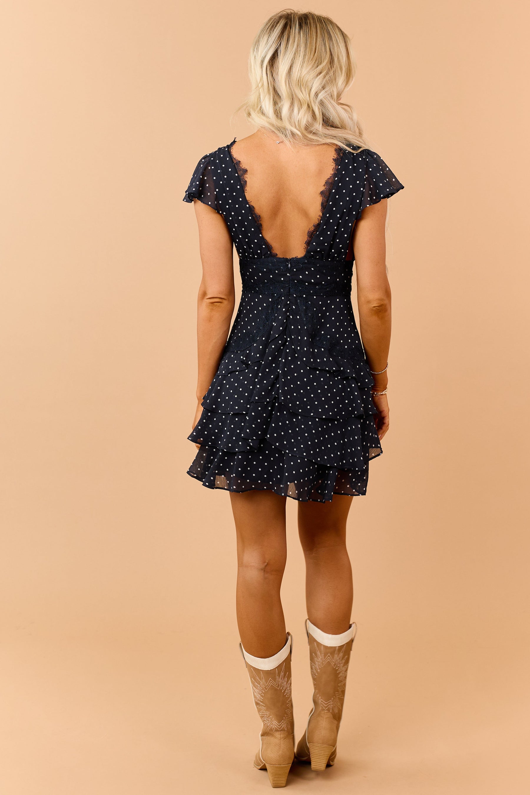 Navy Polka Dot Lace Trim Tiered Mini Dress
