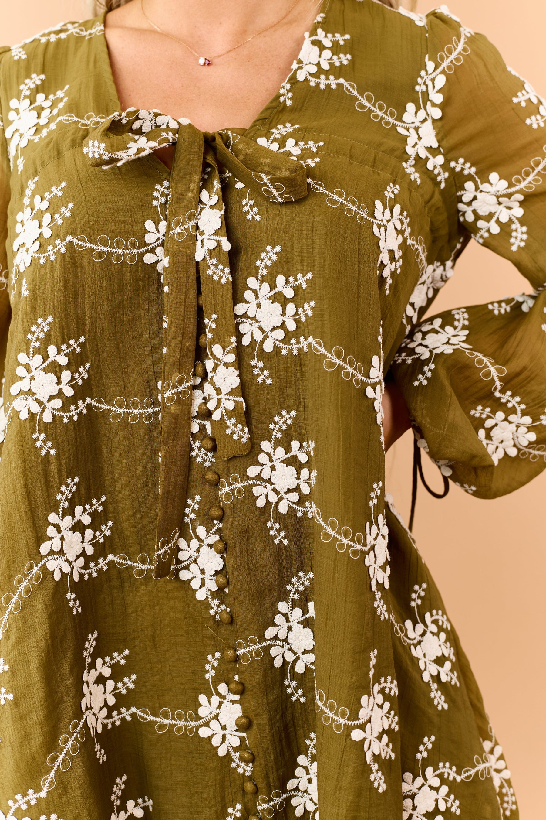 Olive Floral Applique Embroidered Flowy Mini Dress