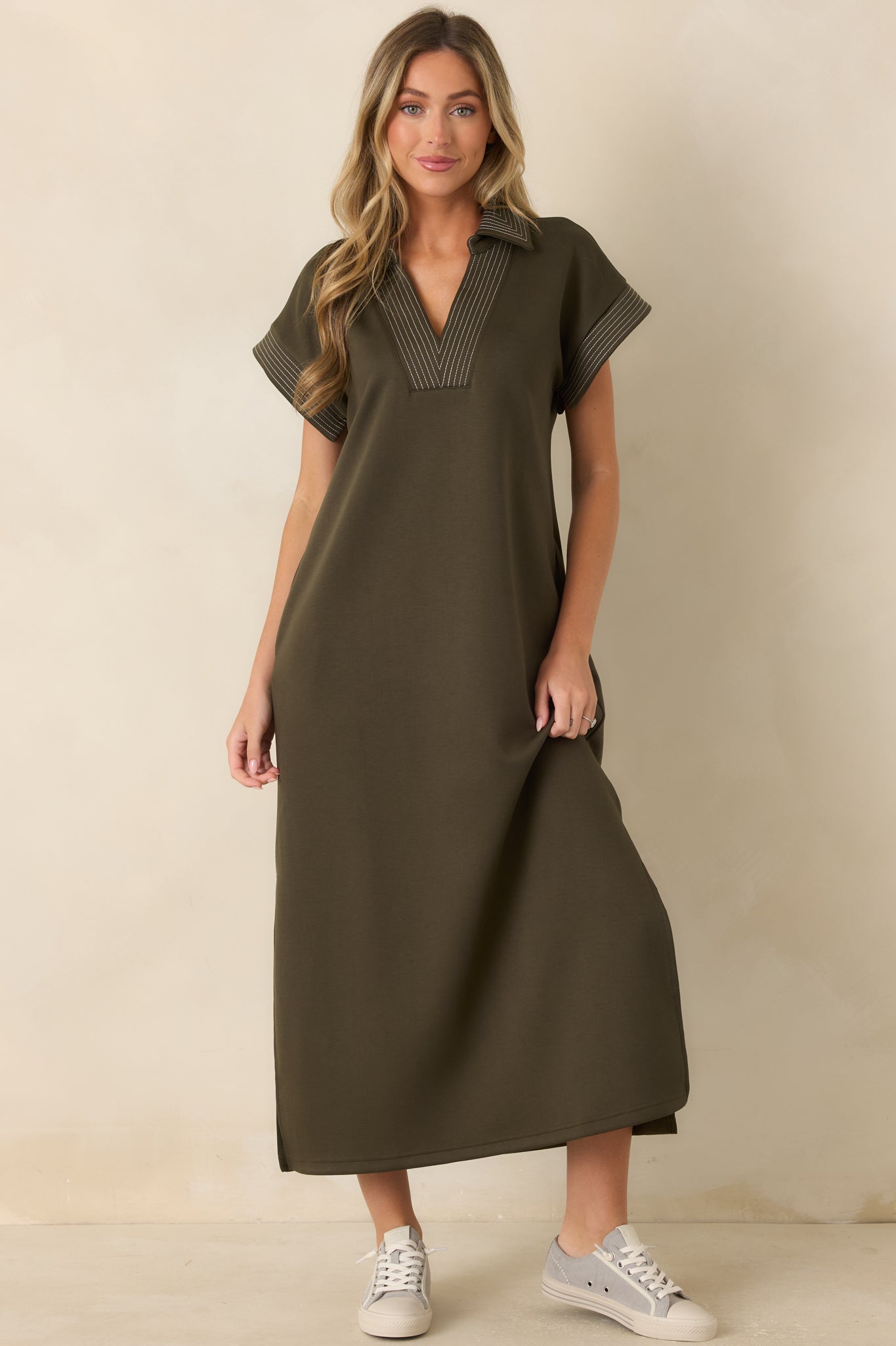 One Less Thing Olive Green V-Neck Contrast Pinstripe Maxi Dress