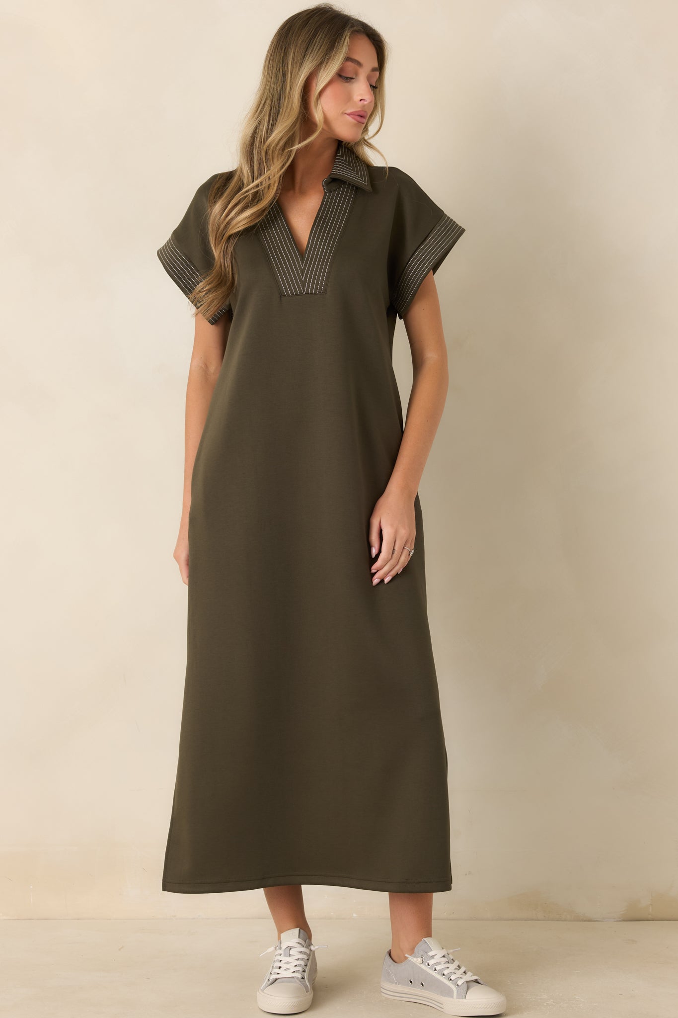 One Less Thing Olive Green V-Neck Contrast Pinstripe Maxi Dress