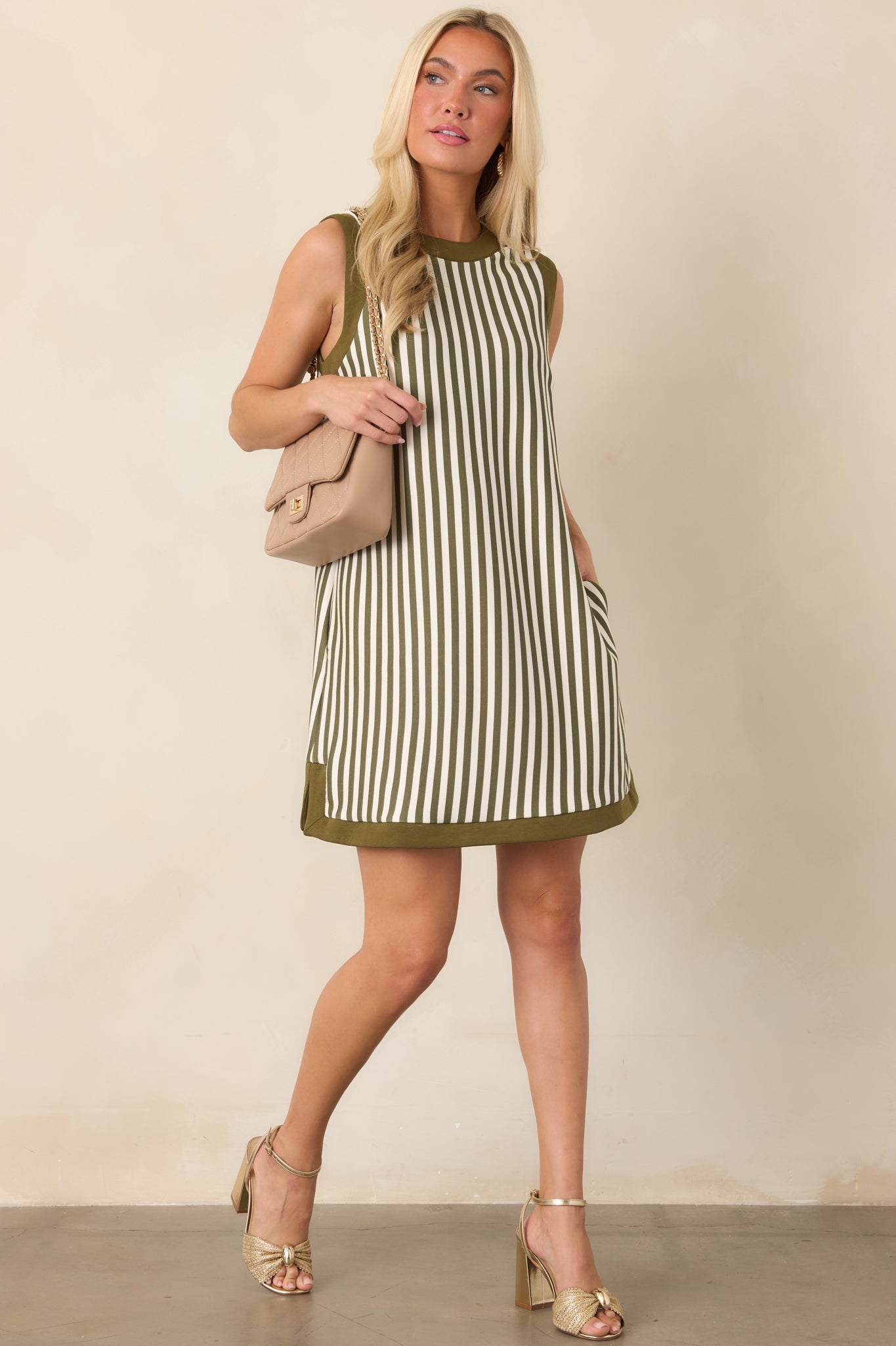 On the Roster Olive & Ivory Striped Shift Mini Dress