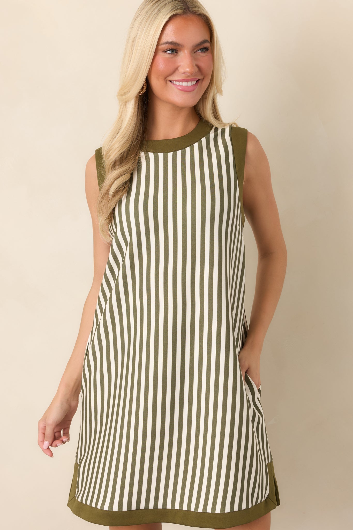 On the Roster Olive & Ivory Striped Shift Mini Dress