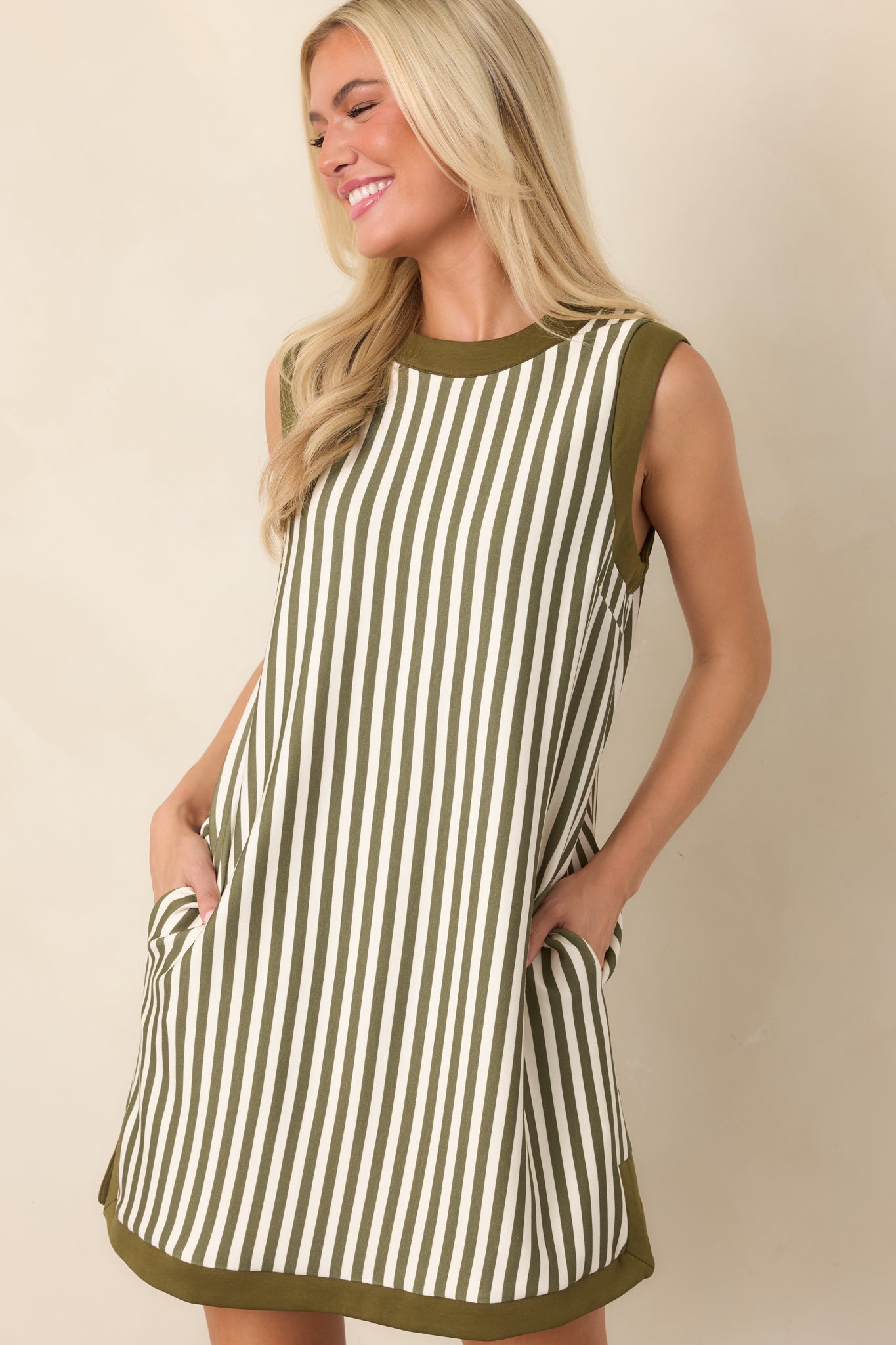 On the Roster Olive & Ivory Striped Shift Mini Dress